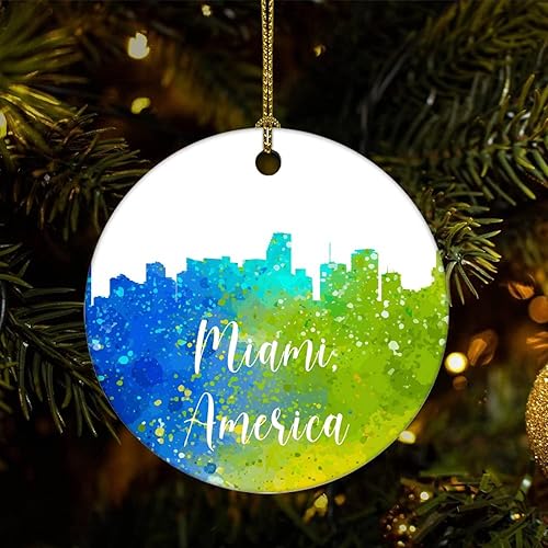 Two-Side Printed America-Miami Ceramic Christmas Ornament Novelty for Family Friends Kids Cityscape Christmas Keepsake Pendants Two-Side Printed America-Miami Ceramic Christmas Ornament Novelty for Family Friends Kids Cityscape Christmas Keepsake Pendants