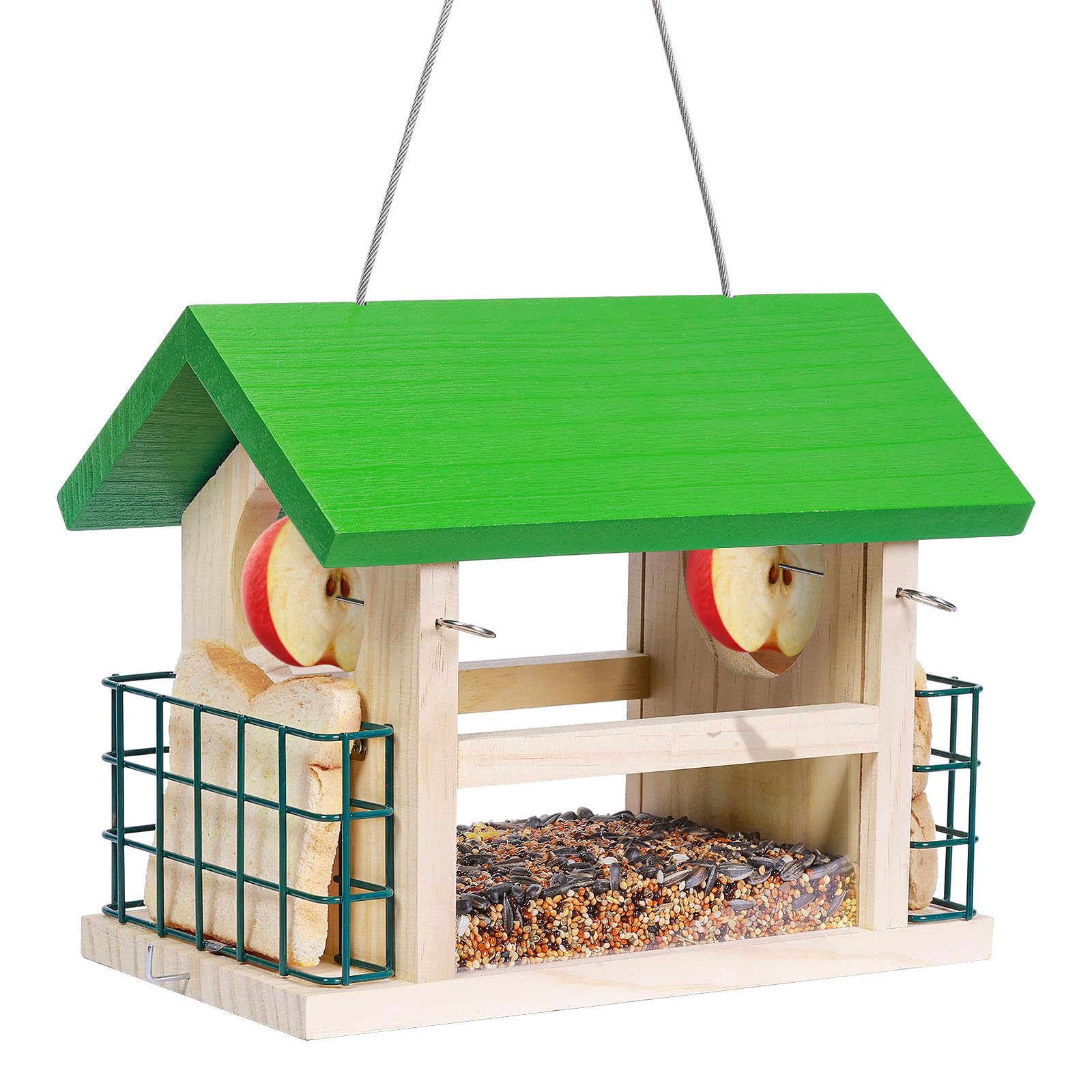 Cedar Wood Bird Feeder with Suet Cages Hanging Wild Bird Feeder for Outside with 2 Fruit Holder Patio Garden Bird Feeder with 2 Plastic Walls Large Capacity,Roof Top Green