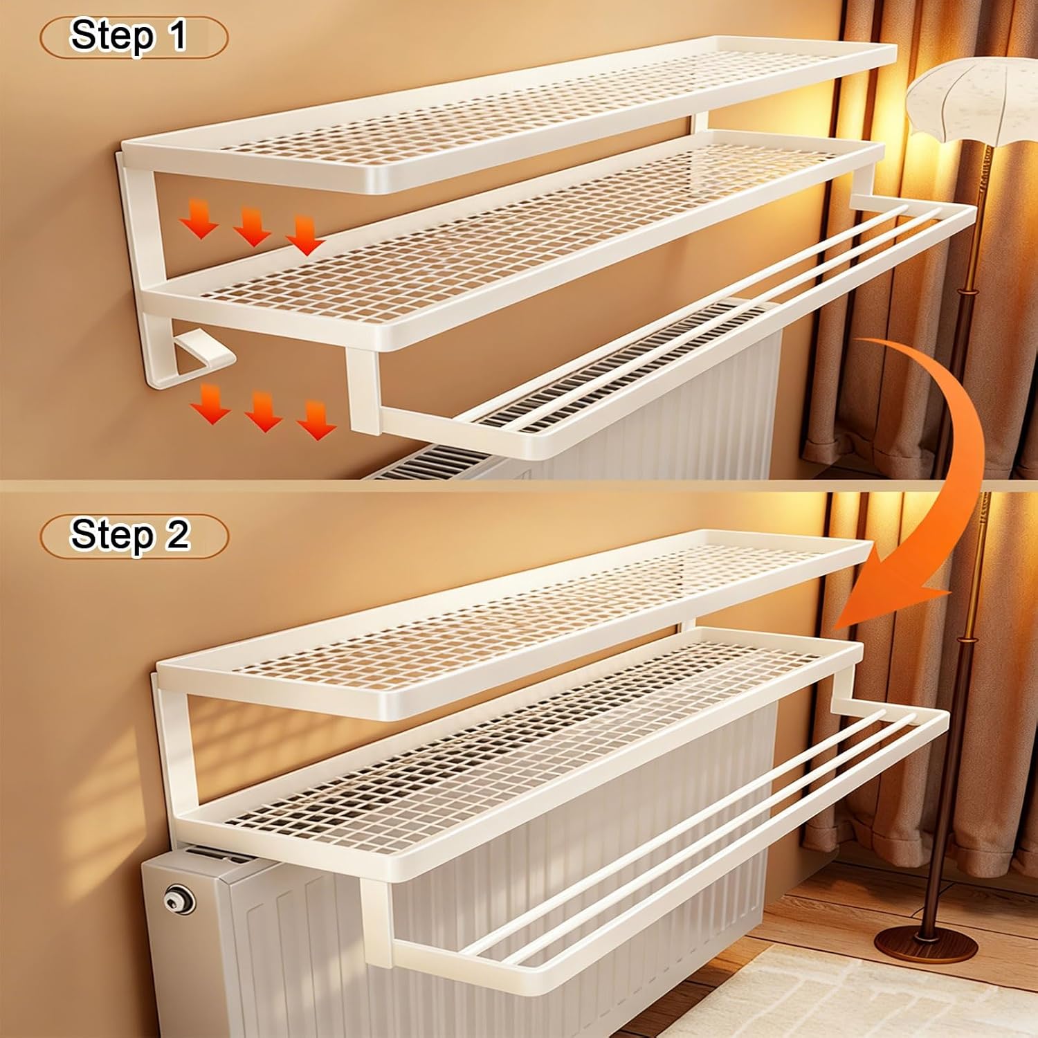 No Drilling Wrought Iron Radiator Shelf - Multifunctional Layered Storage Rack, Strong Load-Bearing, Hollow Design for Living Room, Bedroom, Office - White (40x23x19cm)