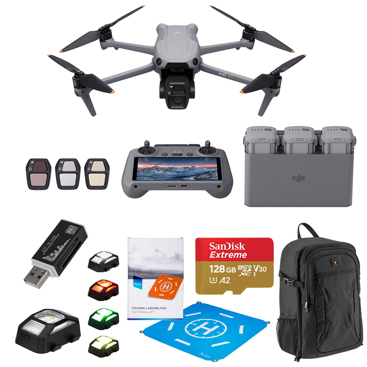 DJI Air 3S Drone Fly More Combo with RC 2 Remote Controller, Bundle with 128GB Memory Card, Strobe Light, Multi Card Reader, Landing Pad Pro and Backpack