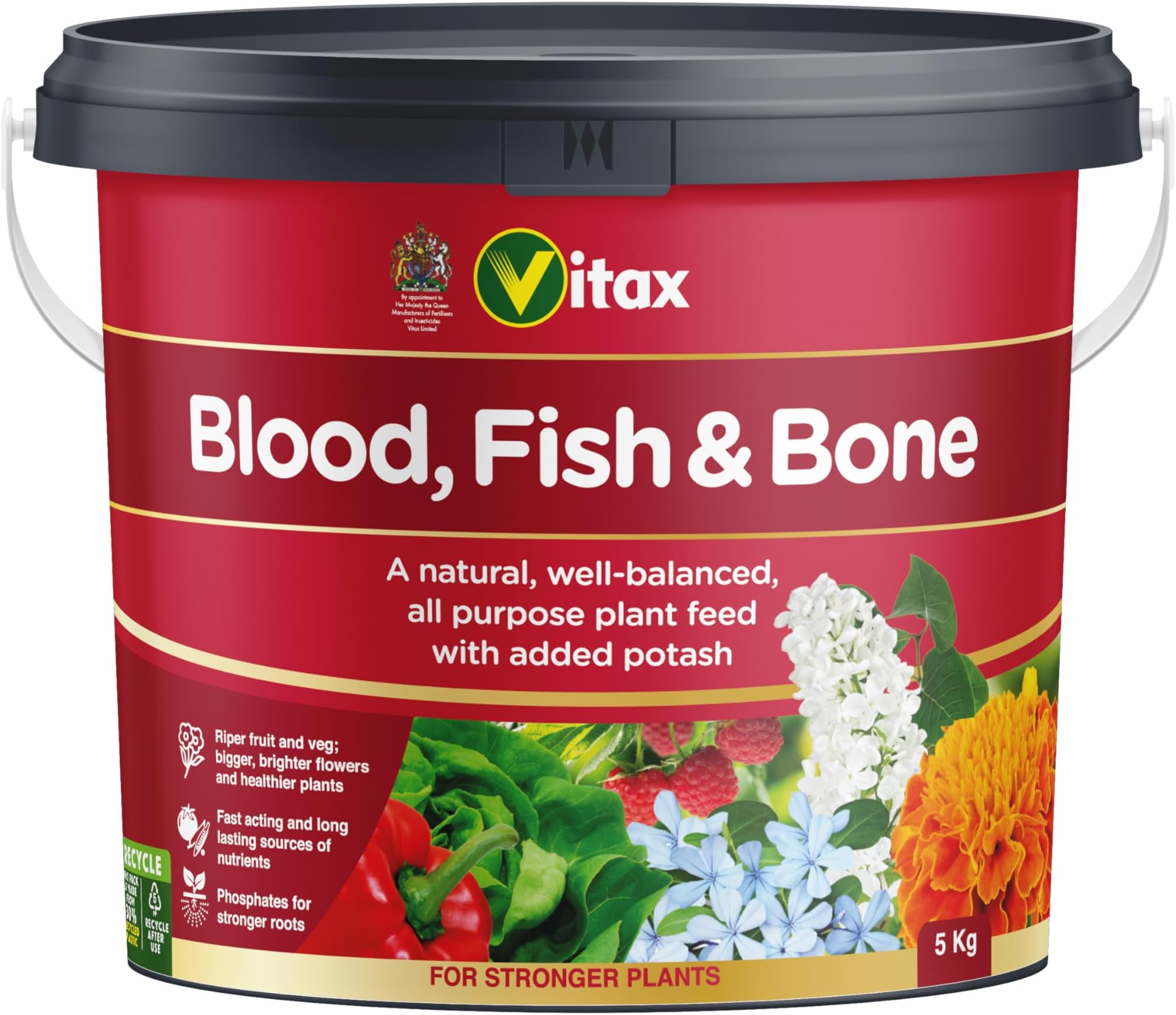 Vitax Blood Fish & Bone, Organic-Based, General Purpose Fertiliser, Suitable For Fruit, Vegetables & Flowers, Slow Release, Promotes Root Growth- 5Kg