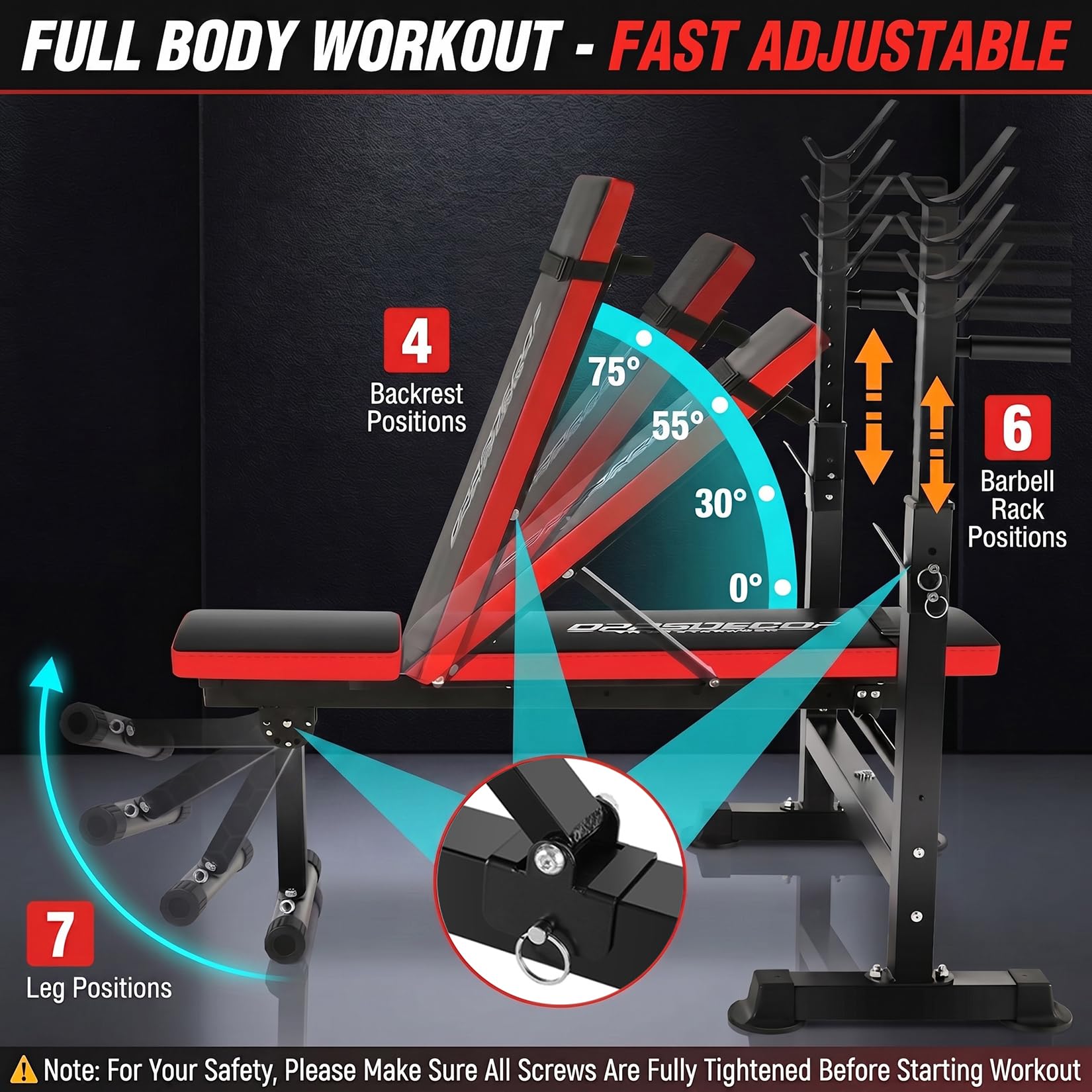 6-in-1 900LBS ASTM-Certified Foldable Weight Bench Set for Home Gym, Adjustable Bench Press Set with Leg Extension, Leg Curl, Preacher Curl, Barbell Squat Rack for Full Body Workout, Strength Training