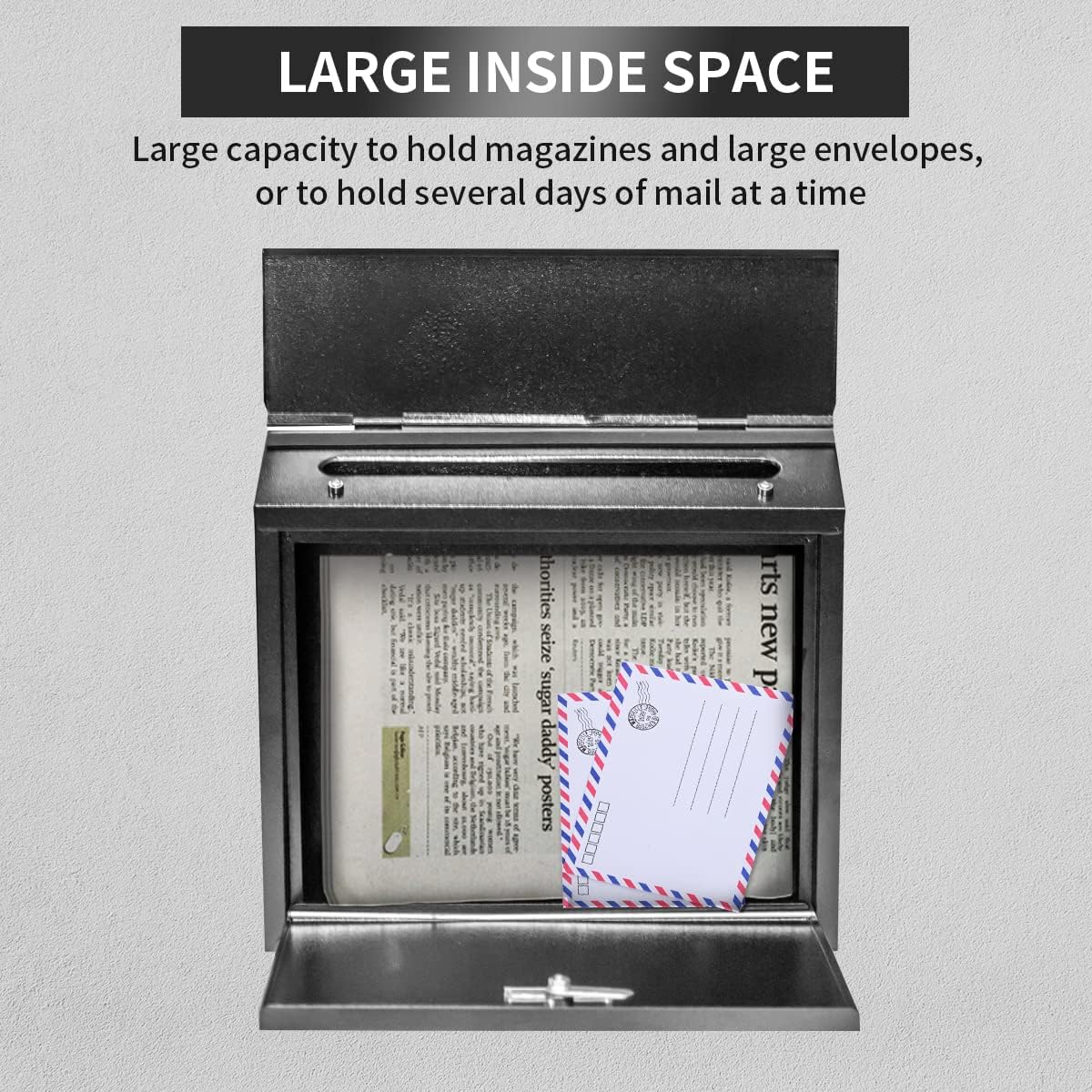 Mailbox Wall Mount,Large Capacity Locking Mailbox for Outside,Galvanized Steel Cover and Rust-Proof Metal Post Box L Black