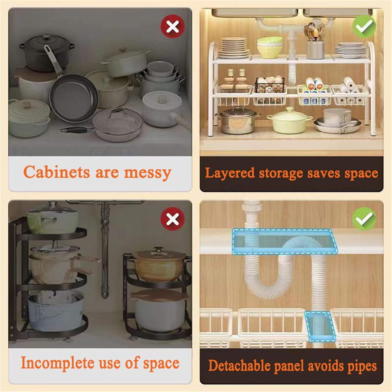 Under Sink Organizers, 2 Tier Stretchable Cabinet Shelf Organizer with 4 Removable Panels and 4 Under Shelf Basket for Under Bathroom Storage,Under Cabinet Shelves,kitchen Sink Storage Rack (white)