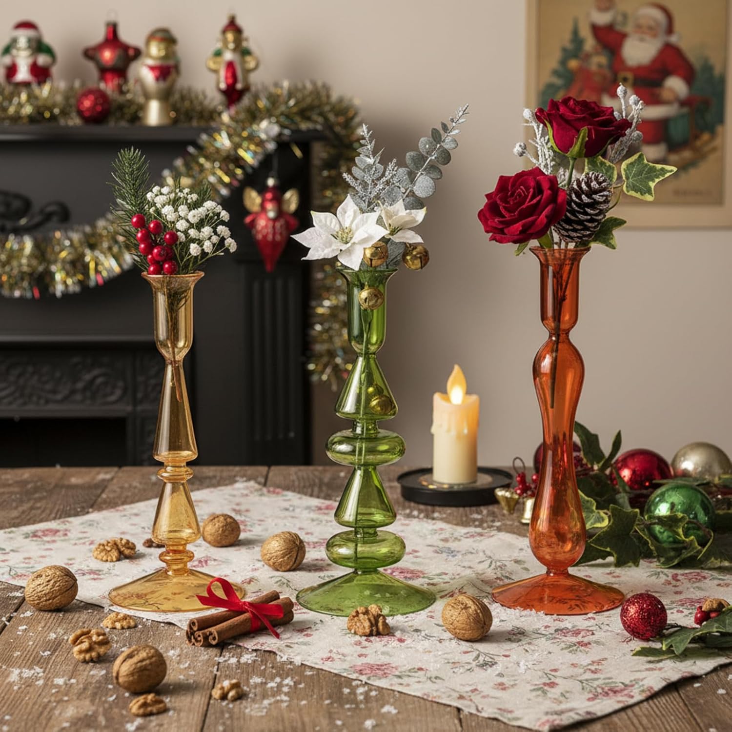 Mumufy 3 Pcs Vintage Christmas Glass Candlestick Holders Neutral Christmas Shaped Glass Taper Candle Holder Amber Olive Honey Gold Xmas Candle Stick Vase Decor for Holiday - Image 3