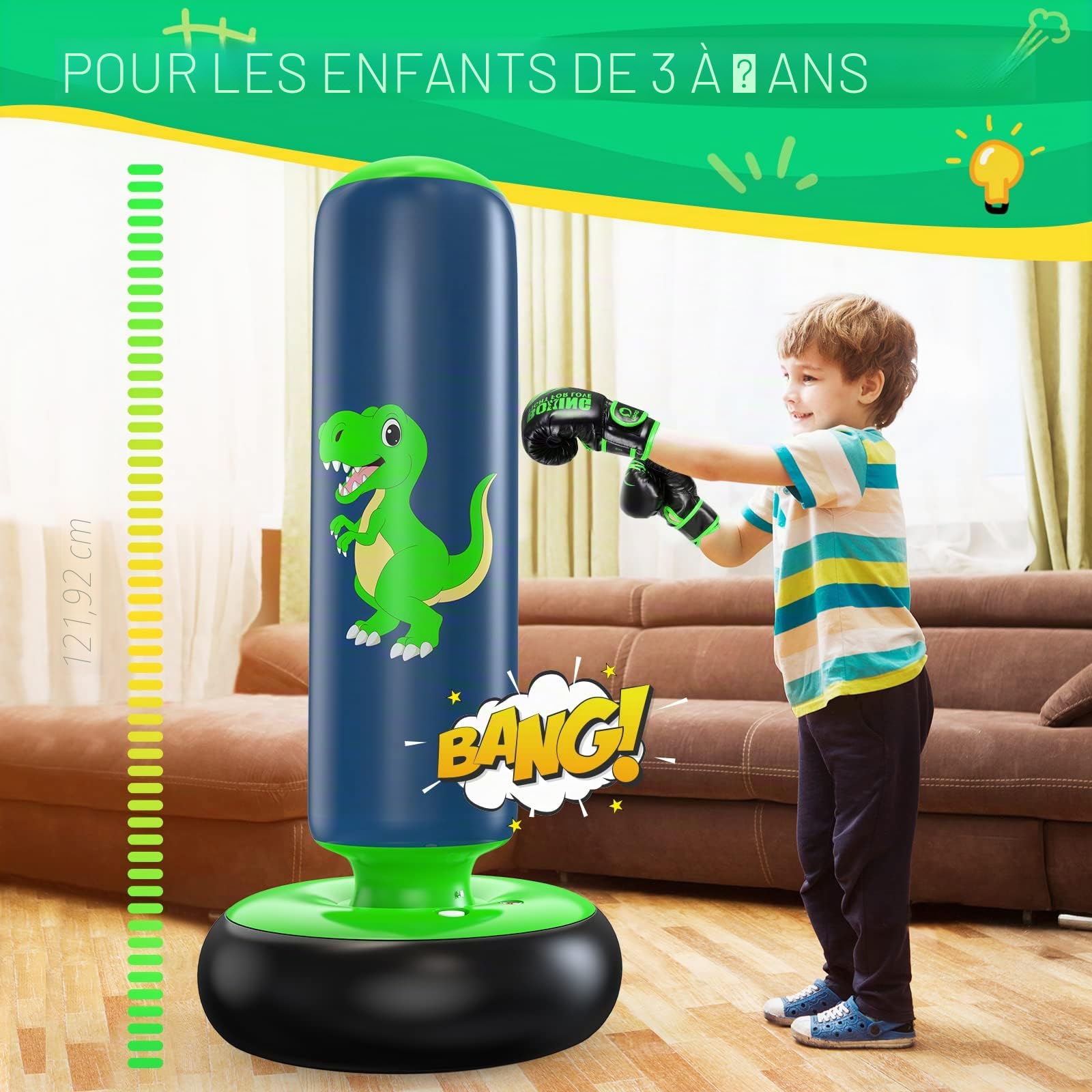 Sac de Boxe pour Enfants QPAU, Sac Boxe Gonflable Pied 3-8 Ans, Cadeaux Enfants, Set Debout Karaté Taekwondo