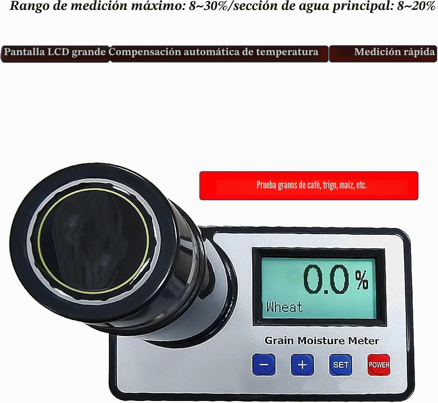 Medidor de Humedad de Cereales, probador Digital de Humedad de Grano, compensación automática de Temperatura, for 14 Granos Trigo maíz café Cacao Grano Prueba de Humedad