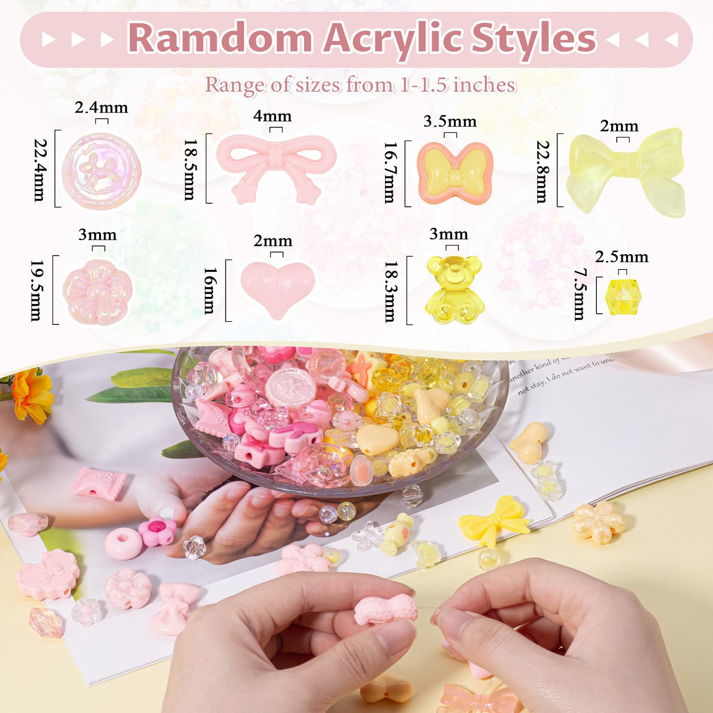 GUJOXILA Yellow Pink Cute Acrylic Beads for Crafting Yellow Pink Bead for Bracelet Jewelry Keychain Phone Charm Making Kawaii Bracelet Beads 160g - Image 4