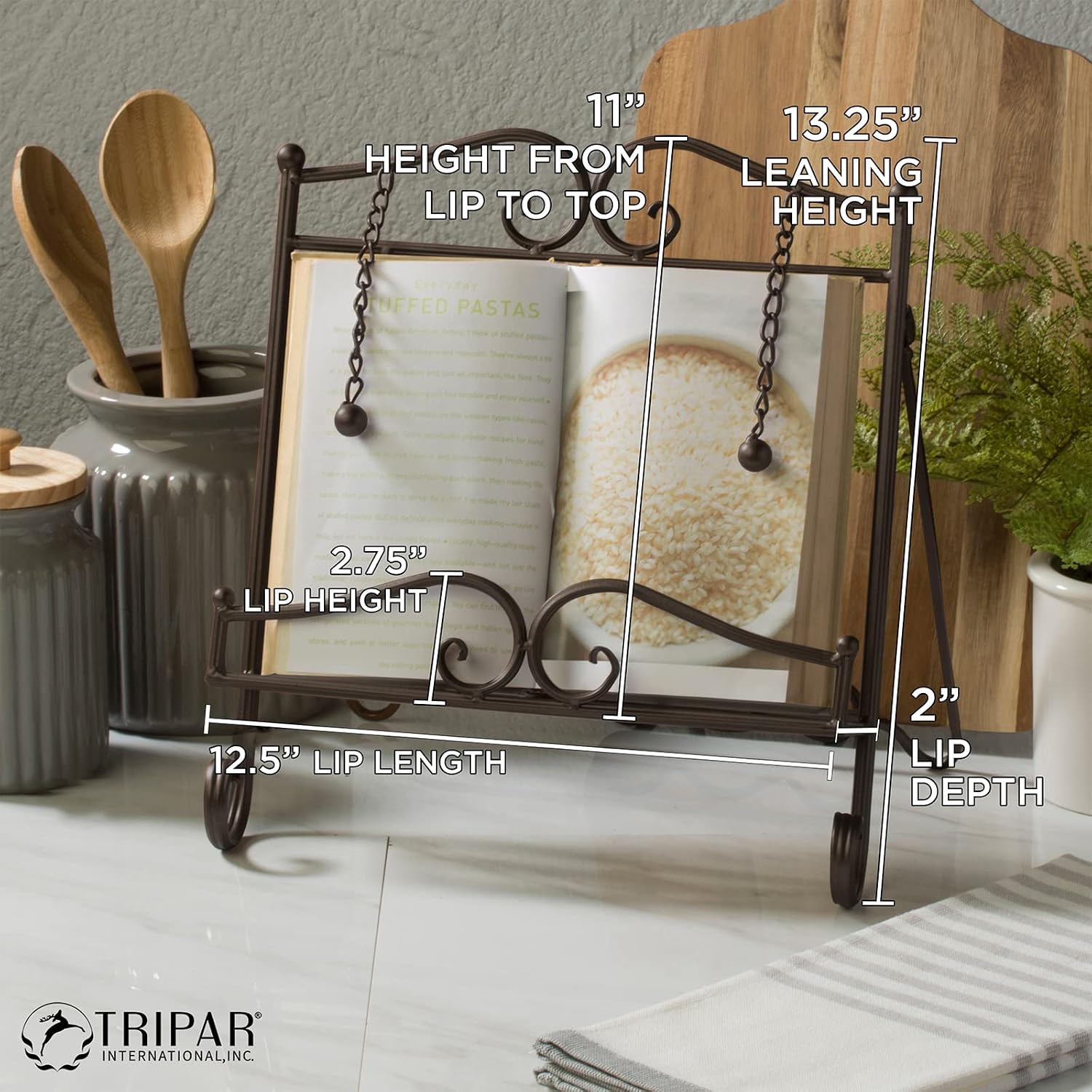 Tripar Swirl Design Metal Cookbook Stand for Cookbooks, Tablets, Recipes, Portable, Adjustable, Free Standing