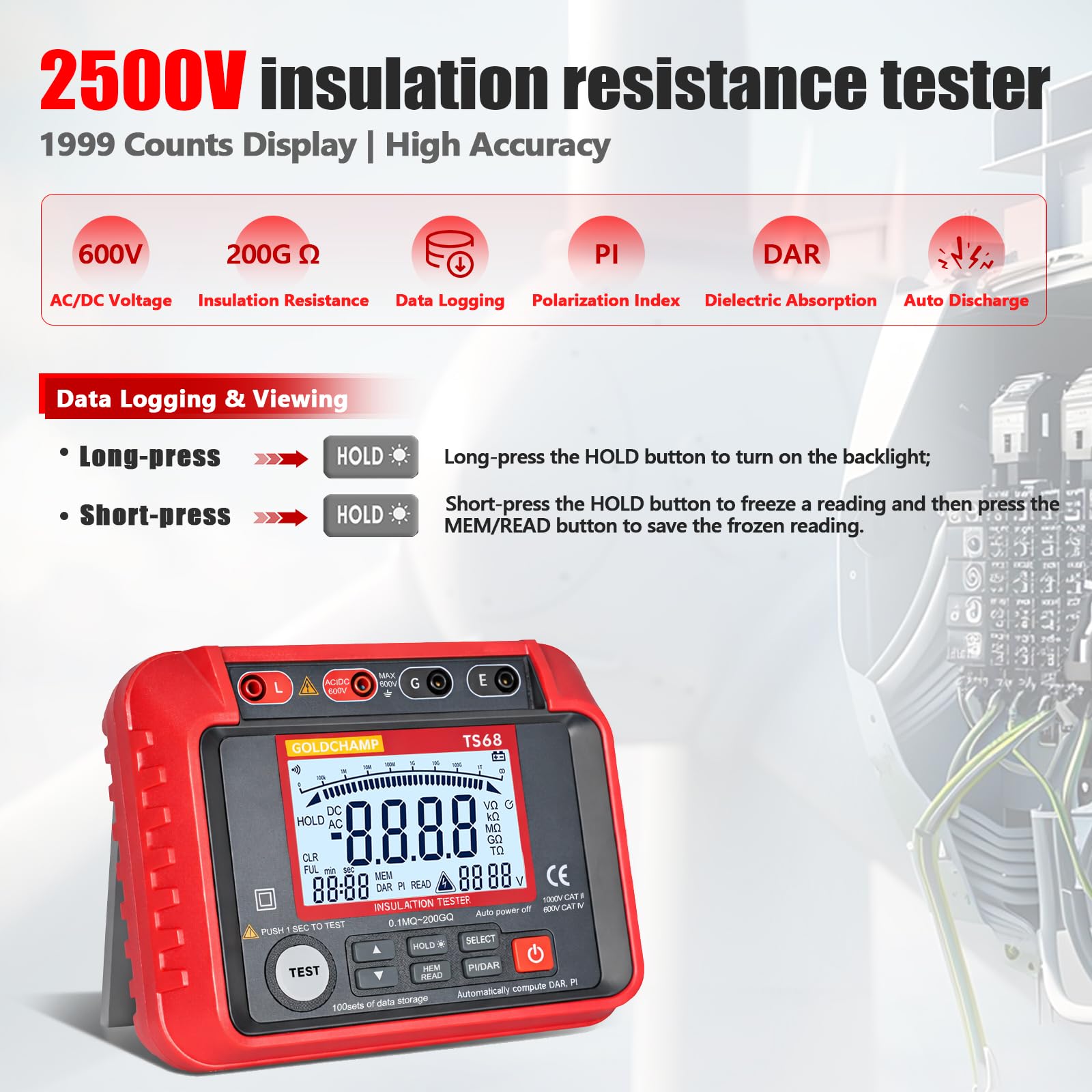 Megohmmetro Digitale 2500V Tester Isolamento 200GΩ con PI/DAR Test, CAT IV 1000V, Misuratore Tensione AC/DC 600V