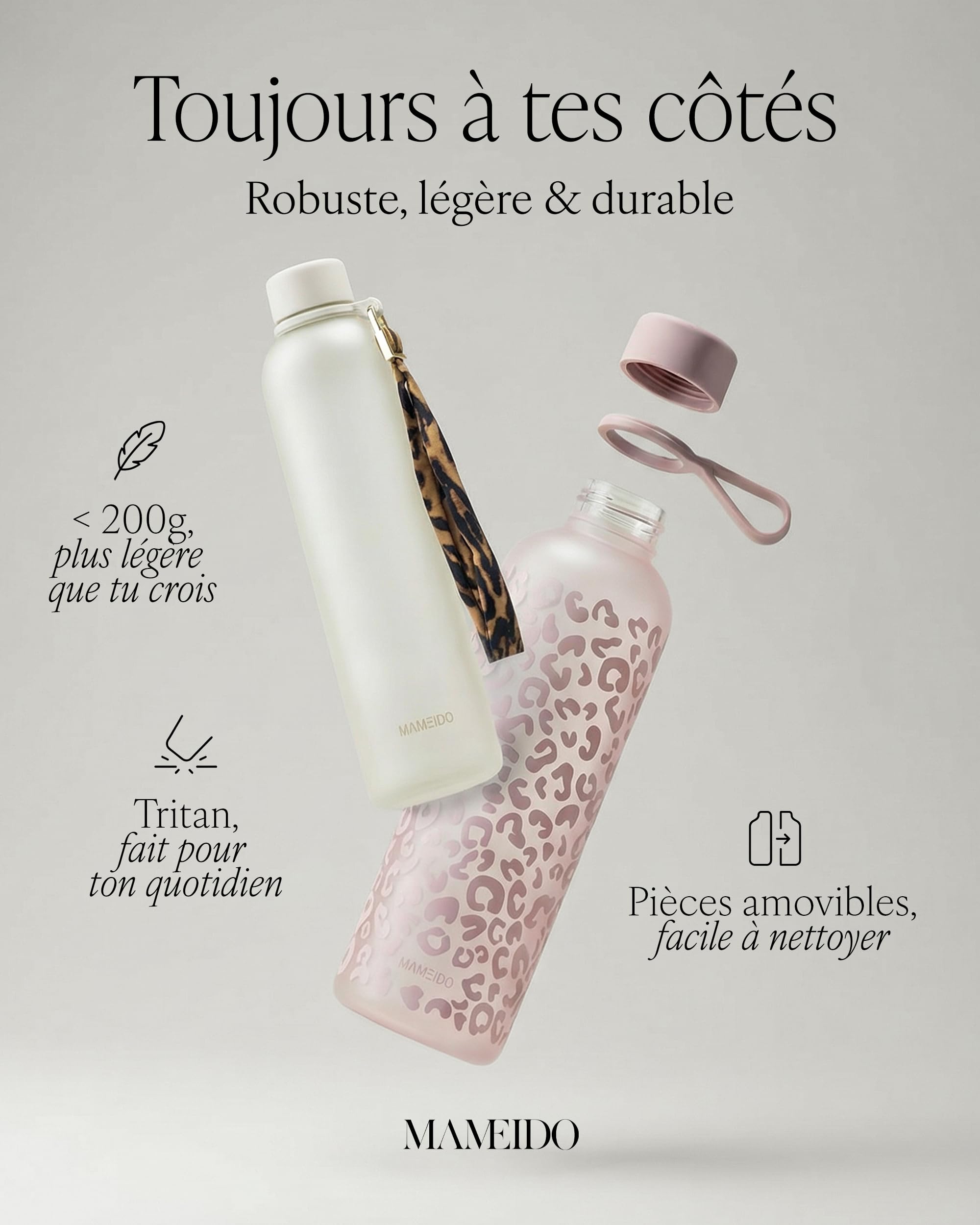 MAMEIDO Gourde graduée motivation 1 l (Ivory Beige) | Dragonne amovible, étanche et adaptée aux boissons gazeuses, sans BPA, idéale sport, salle et bureau