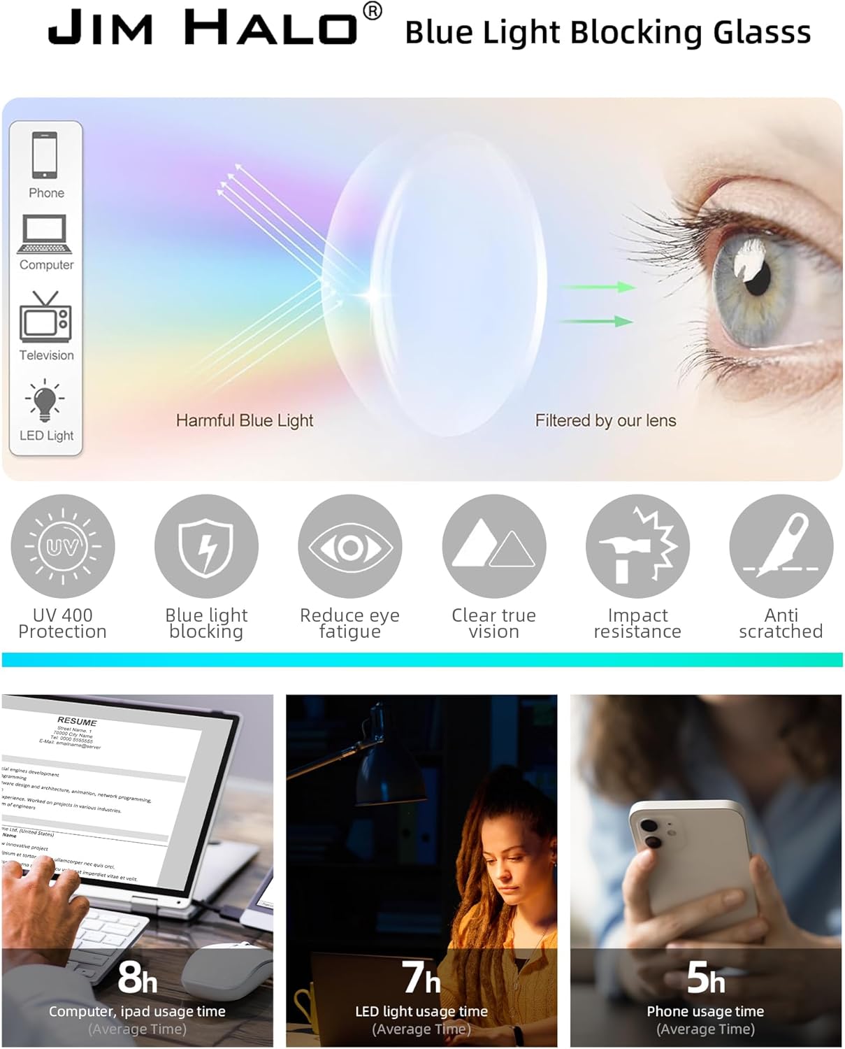 JIM HALO Blue Light Glasses for Men, Classic Rectangular Bluelight Blocking Computer Glasses Eye Protection Anti Glare - Image 3