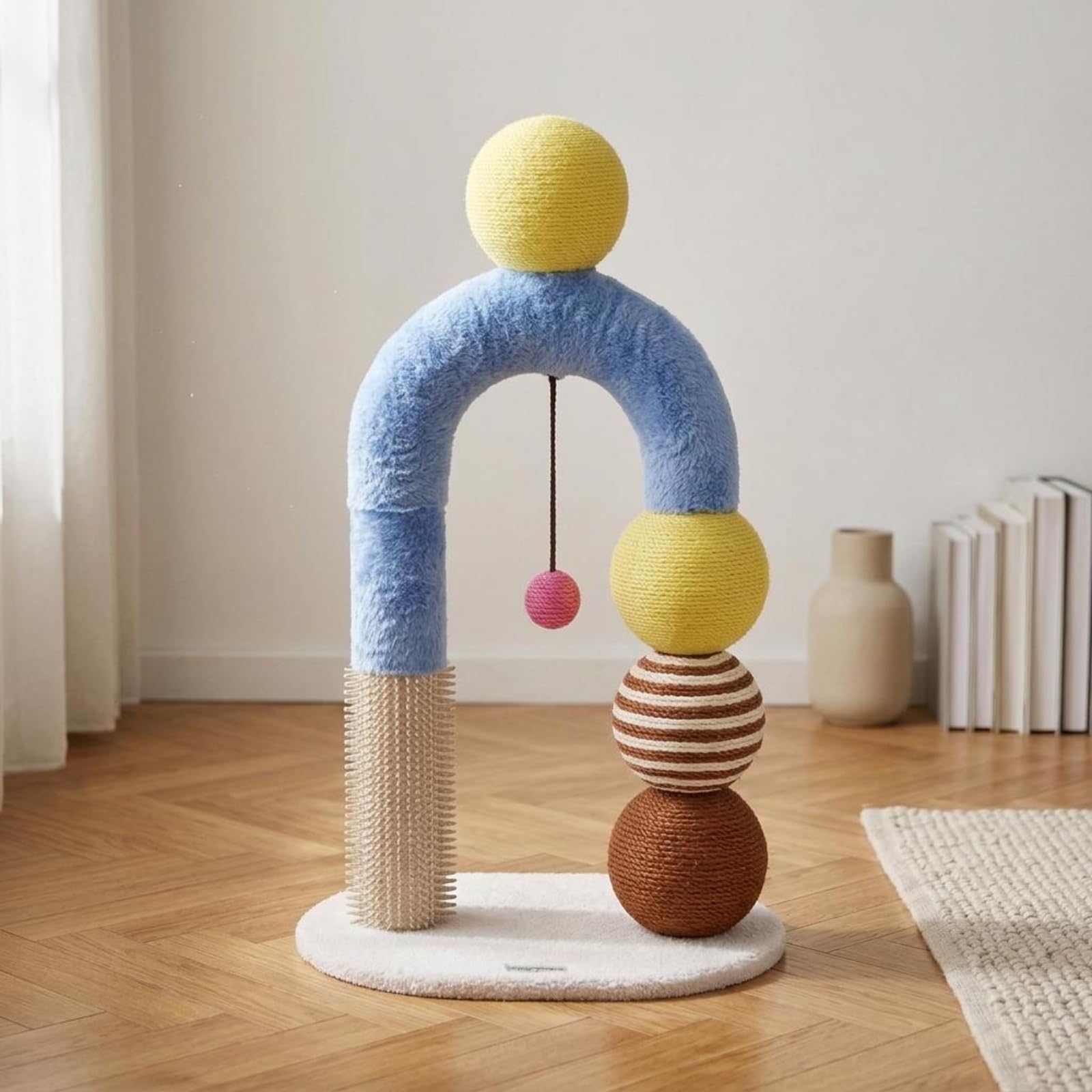 Tiragraffi per Gatti Colonna Tiragraffi con Arco Base Ovale Compatta Post Rivestito in Sisal Giocattolo Appeso per Struttura Multistrato in Pannello E Tubo Cartone Adatto a Casa Salotto
