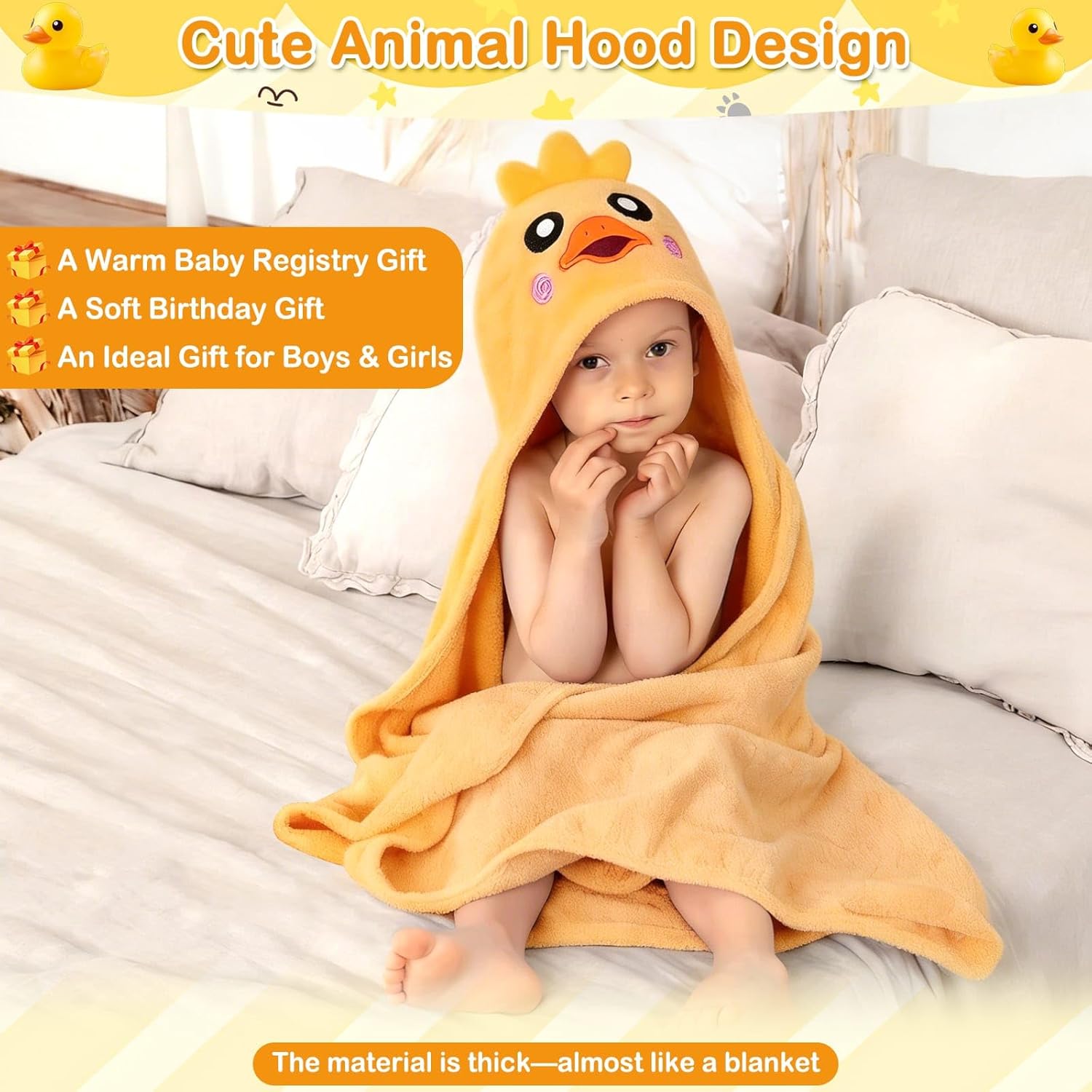 4 Pcs Toddler Bath Towel Set, 1 Pc Toddler Hooded Towel & 3 Pcs Baby Washcloths, Large 27.5"X55" Hooded Towels Kids, Absorbent Soft Thick Toddler Towels for Boy Girl 0-5 Year (Yellow Duck) - Image 6