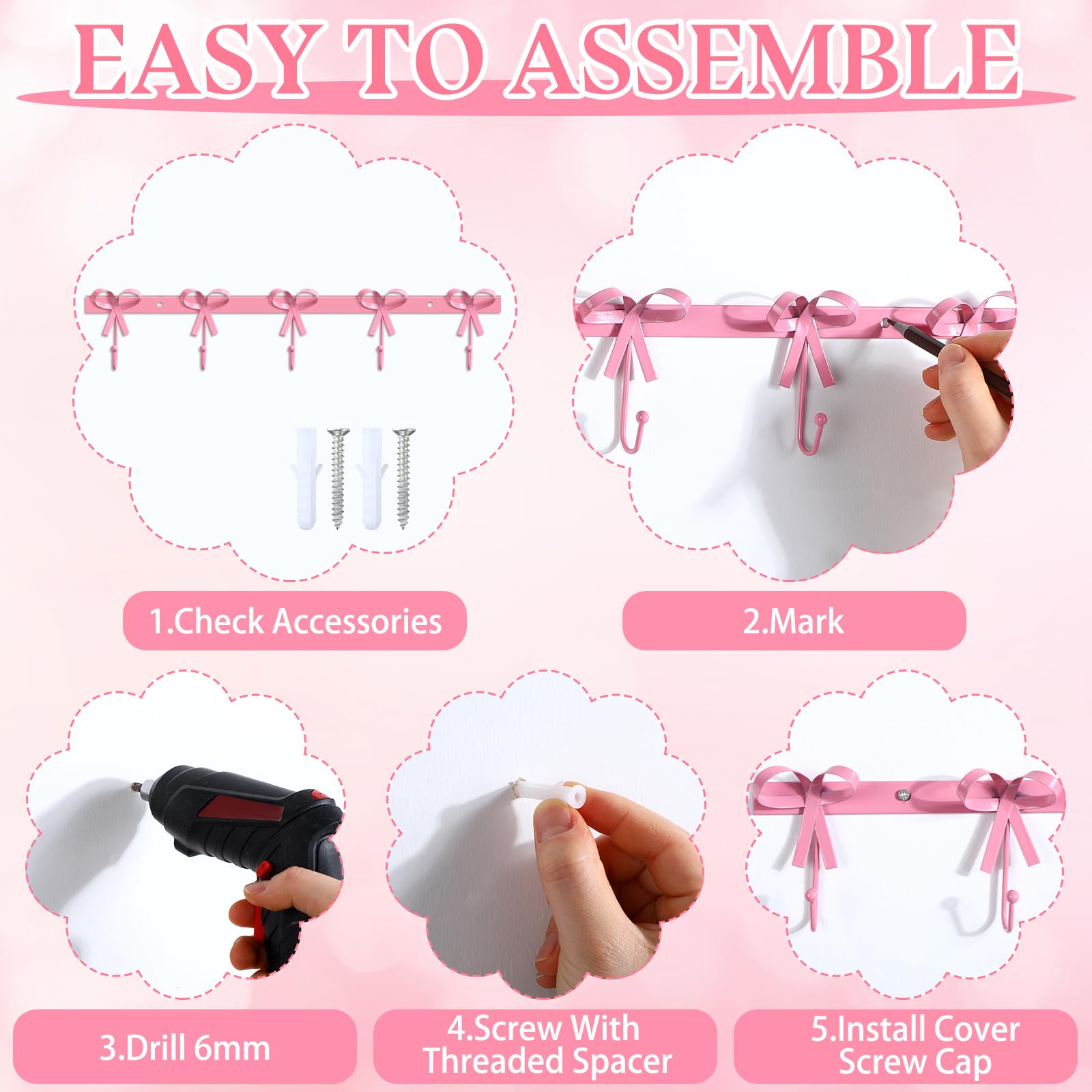 Tioncy 5 ganchos de pared para batas, abrigos, sombreros, nudos, ganchos de latón para decoración de pared para San Valentín, baño, sala de estar, cocina (rosa)