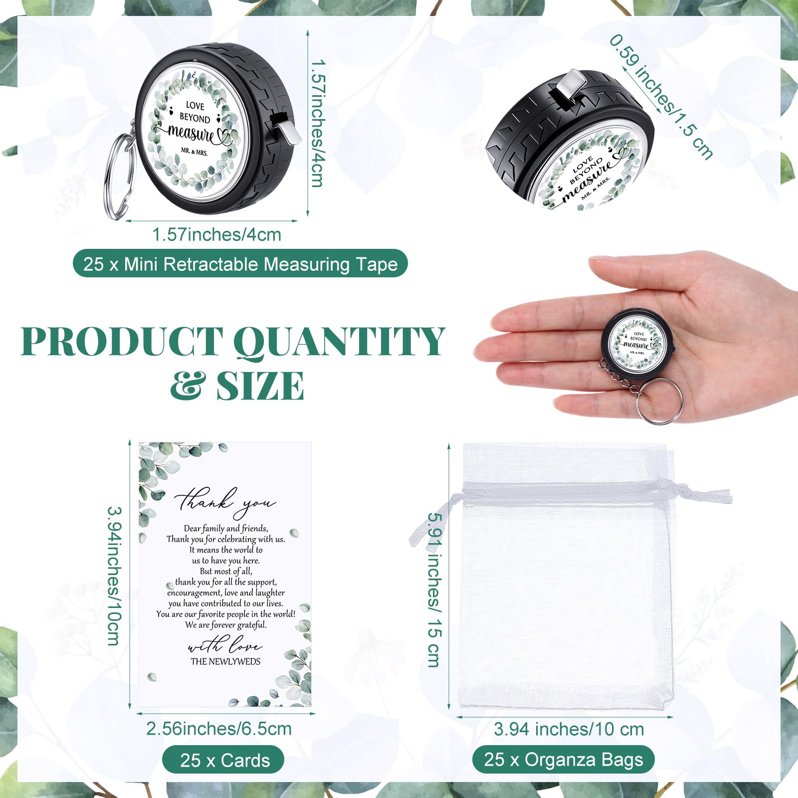 XunYee 25 Sets Wedding Favors for Guests Mini Eucalyptus Retractable Measuring Tape 1 Meter Bridal Shower Measuring Tapes with Keyring Gift Cards and Bags for Wedding Bridal Shower Party Favors