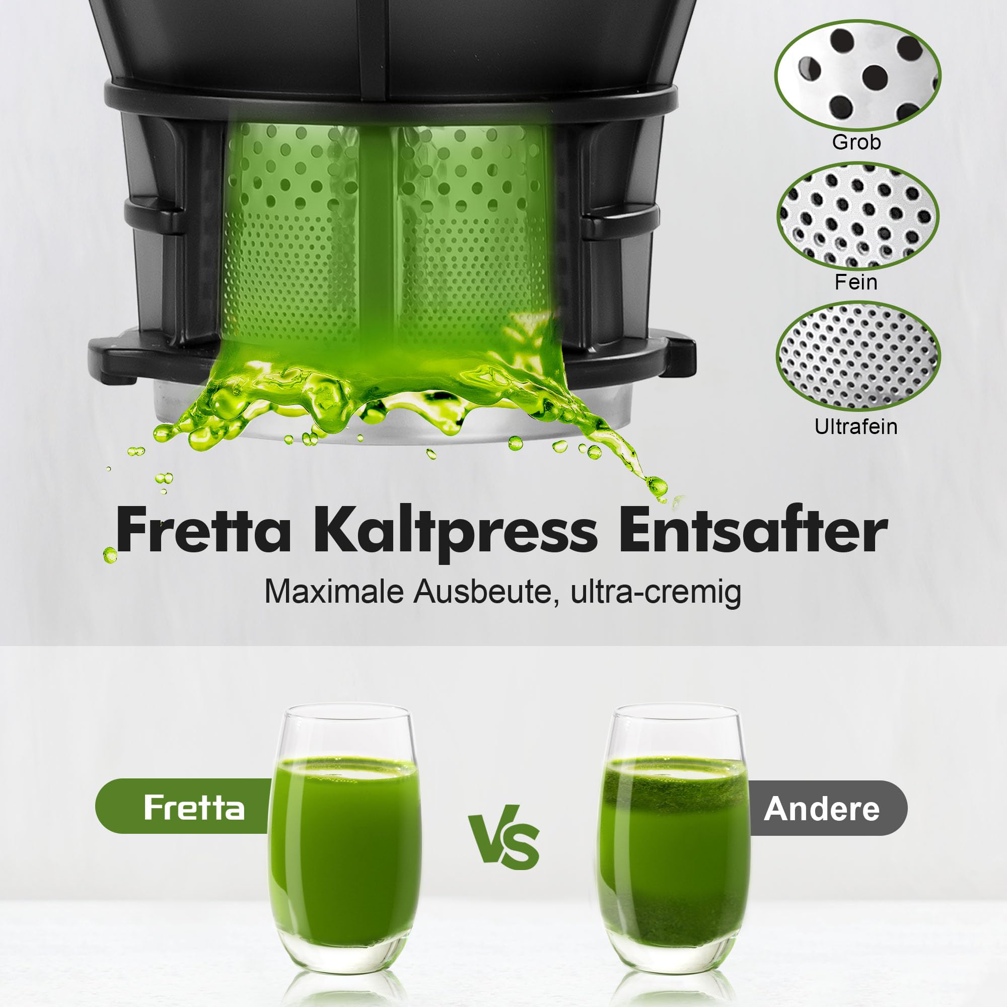 Fretta Entsafter Slow Juicer Edelstahl Entsafter Gemüse und Obst Testsieger | 135MM Öffnung & 1,8L Juicer Machine mit Umkehrfunktion, Einfache Installation, Leicht zu Reinigen, 100% BPA Frei, 250W
