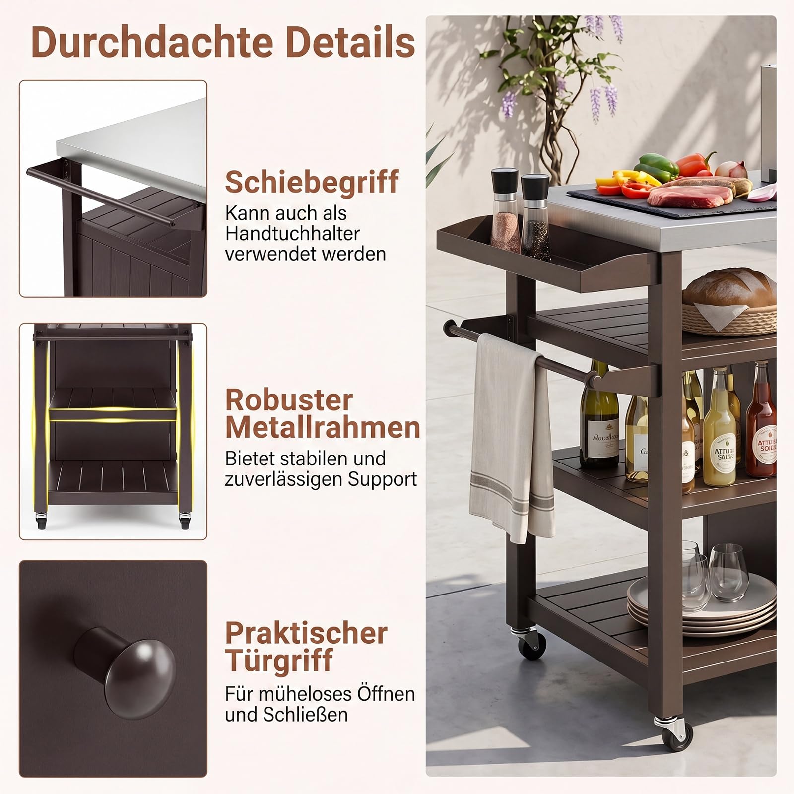 COSTWAY Grillwagen Outdoor, Grilltisch auf Rollen, Servierwagen mit Edelstahlarbeitstisch, 3 Ablagen, Schrank, Gewürzregal & Griff, Beistelltisch für BBQ, Hinterhof Garten Terrasse, Metall, Braun