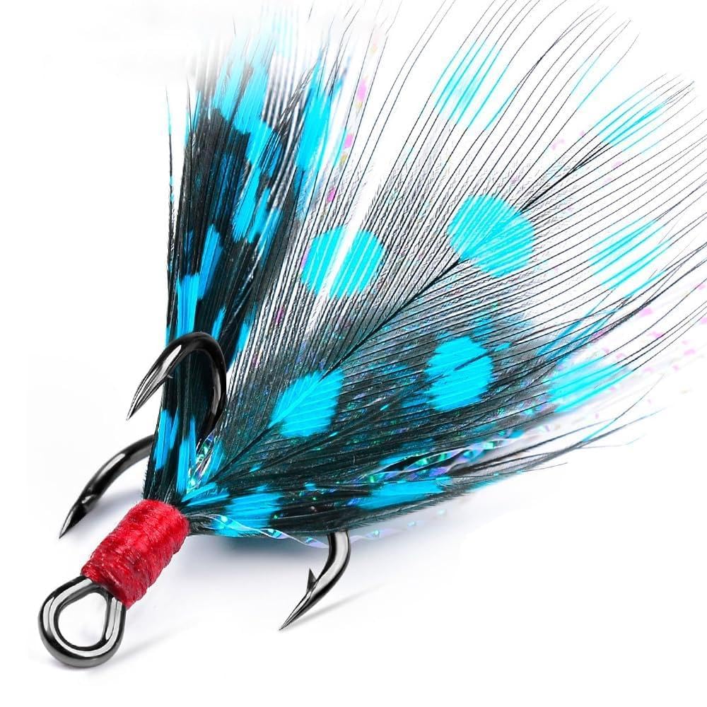 Feather Fishing Hooks, 10Pcs High Carbon Steel Treble Hooks with Barbs for Saltwater Freshwater