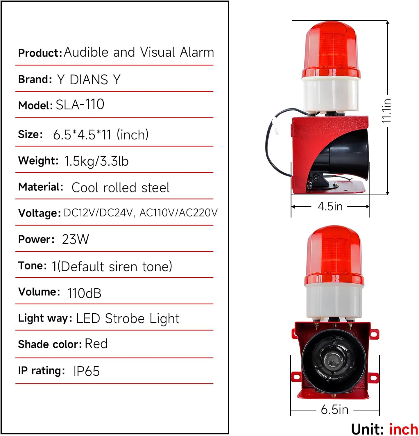 Y DIANS Siren Alarm 110dB Loud Horn IP65 Waterproof Emergency Safety Alarm with Beacon Strobe Light for Indoor/Outdoor Factory,Office,Fires,Tornado DC12V
