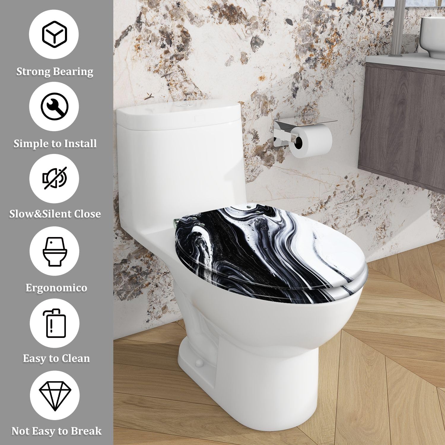 Elongated Toilet Seat abstract white black oil paint water Resin Toilet Seat Quietly Close Quick Release Hinges Decorative Toilet Seat with Cover Easy to Install