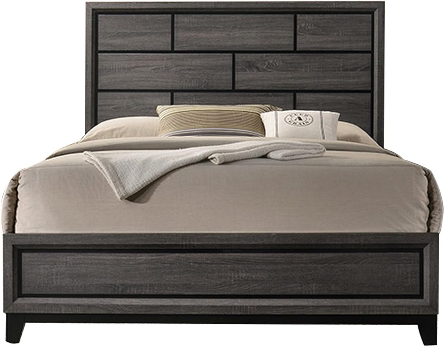 Benjara Mazie King Bed- Brick Style Headboard- Black Tapered Legs- Oak Gray Wood