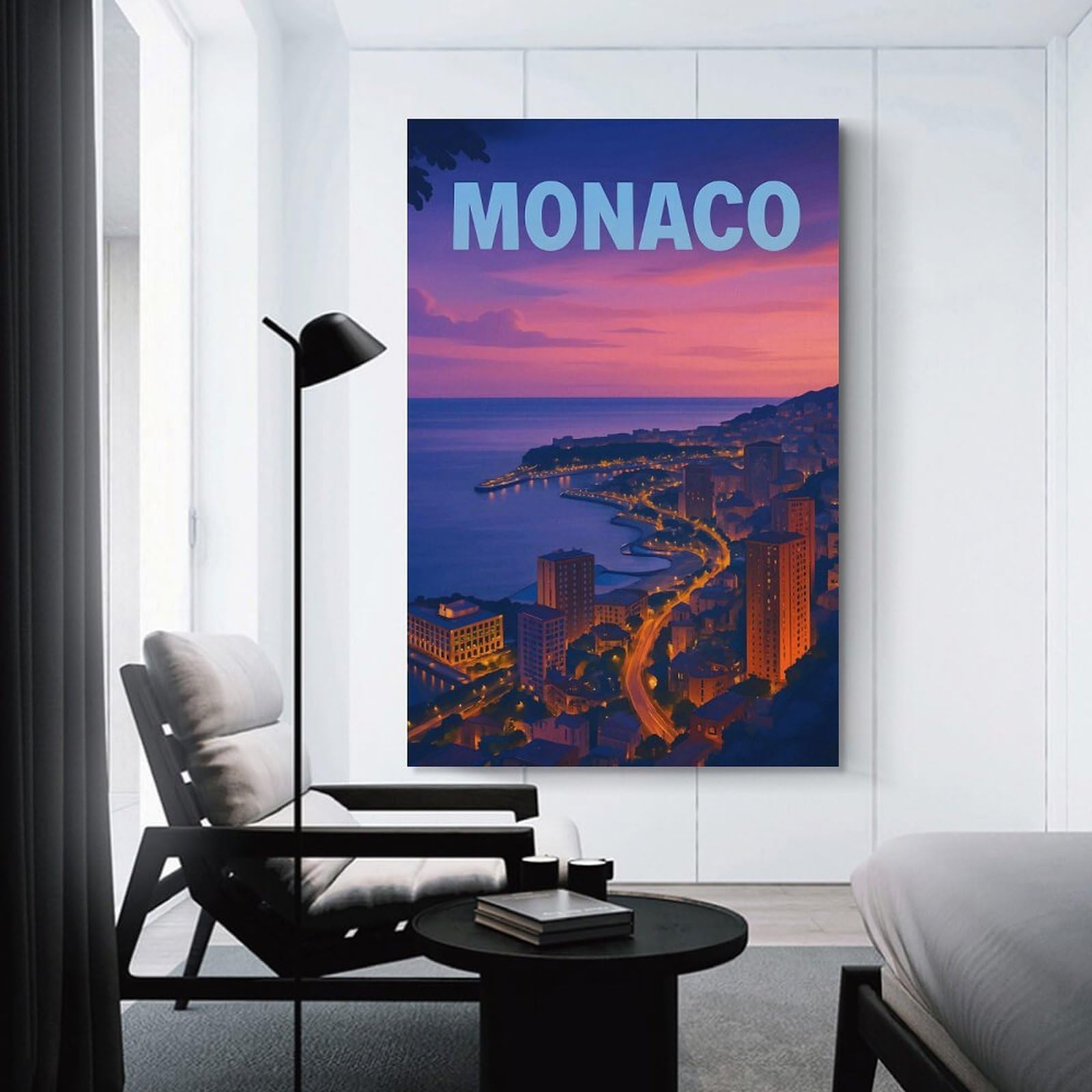 Junmoney Monaco Cityscape at Dusk Hanging Wall Art, 16x24inch(40x60cm), for New Homes, Bedrooms Or Workspaces, Thoughtful Wall Decor for Art Lovers