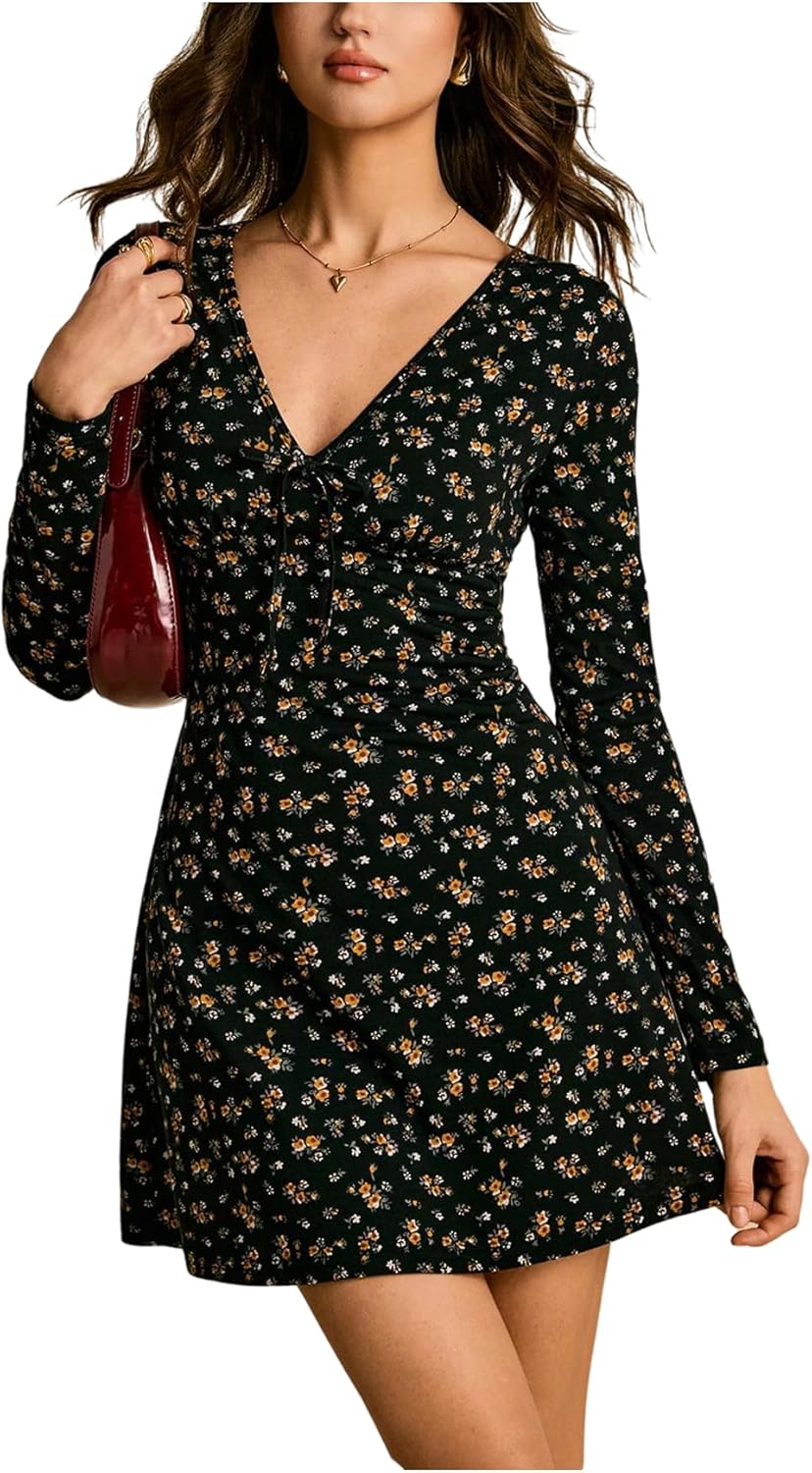 Floerns Women's Floral V Neck Long Sleeve A Line Mini Dress Daisy Short Fall Dresses - Image 5