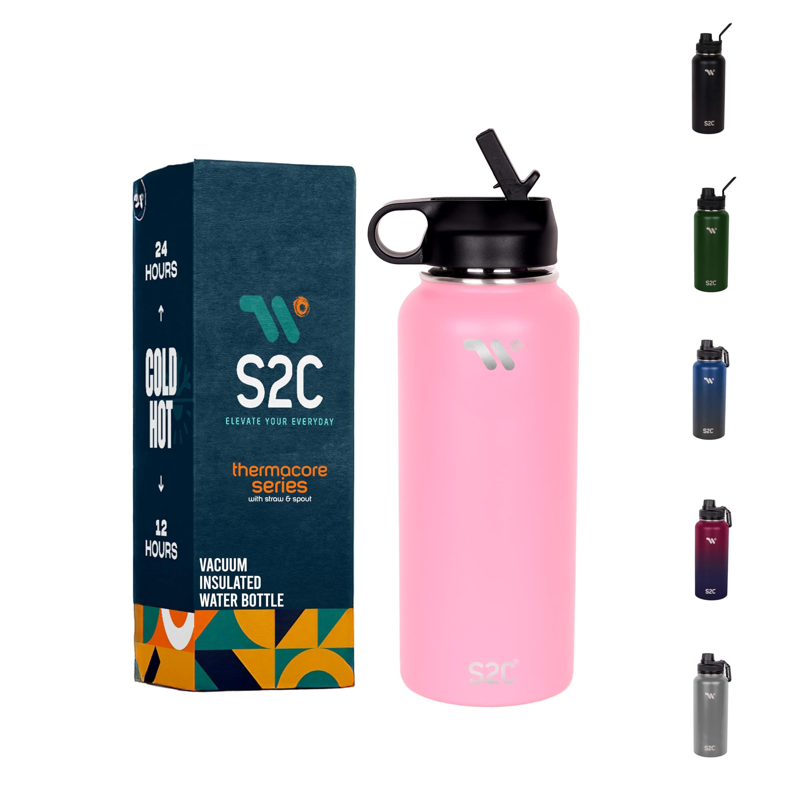 S2C Stainless Steel Water Bottle 1L,32oz Double Wall Vacuum Insulated Water Bottle, BPA Free Water Bottle for Kids School with Straw lid- Thermos Water Flask for Hot Water.(ROSE PINK)