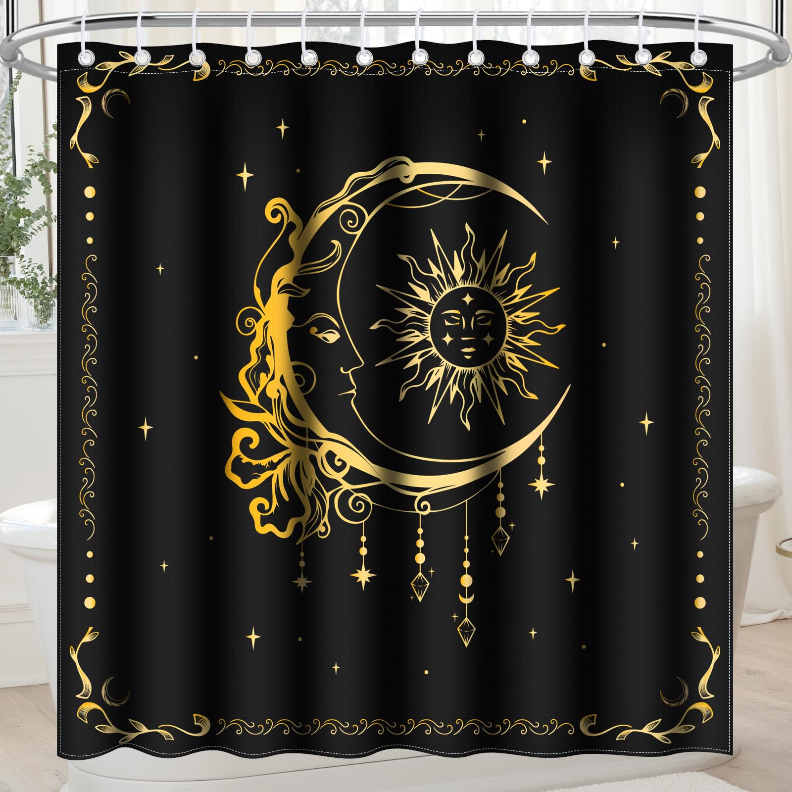 Amazon.com: Nidoul Black and Gold Shower Curtain for Bathroom Gothic Sun Moon Unique Dark Boho ...