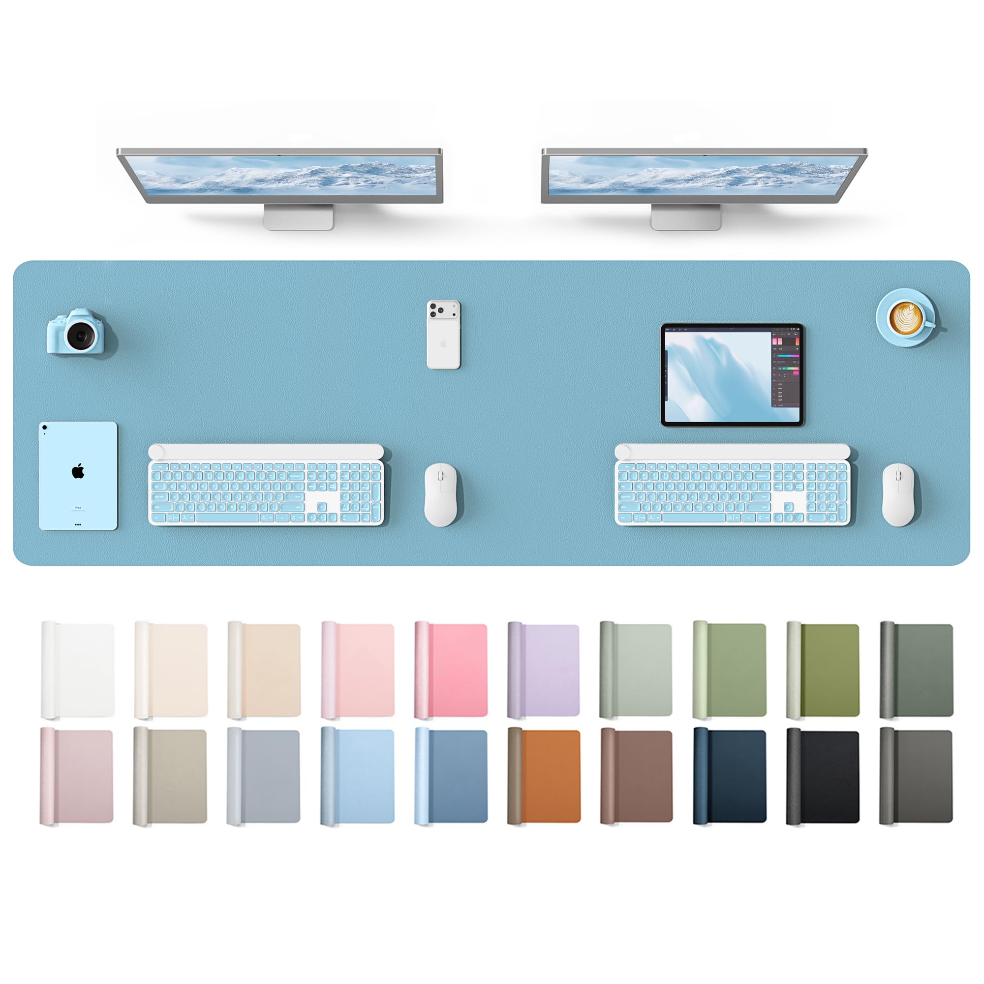 YSAGi Leather Desk Protector, Office Mat, Large Mouse Mat, Non-Slip PU Leather Blotter, Laptop Desk Mat, Waterproof Writing Pad for Office and Home(Sea Blue, 63" x 17.2") Sea Blue 63" x 17.2"