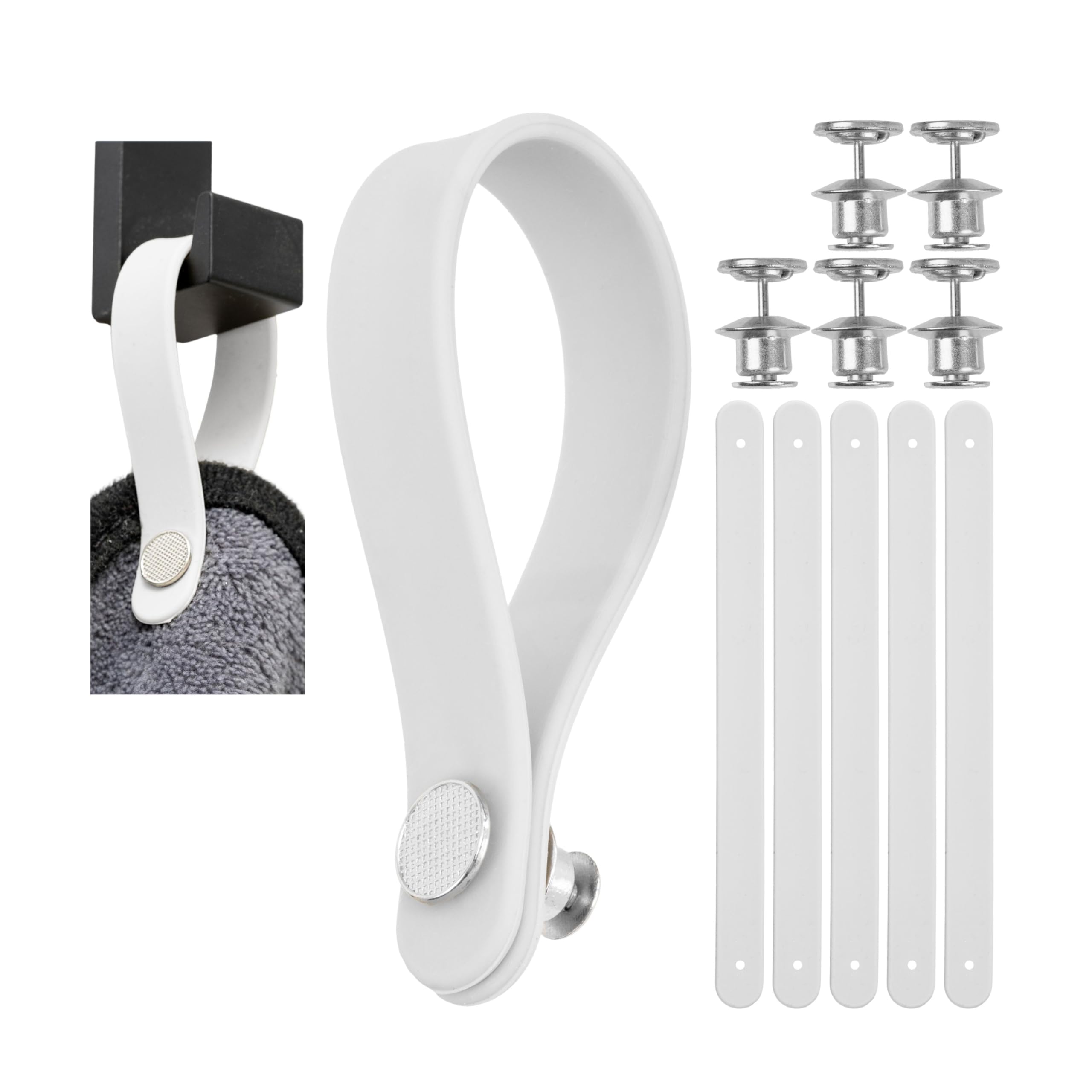 No-sew hangers for textiles, 6 pack, 150 x 12 mm loops, in white, made of silicone, with pin and button fastening, hanger tabs for tea towel, bath towel, cloth, decorative items, camping
