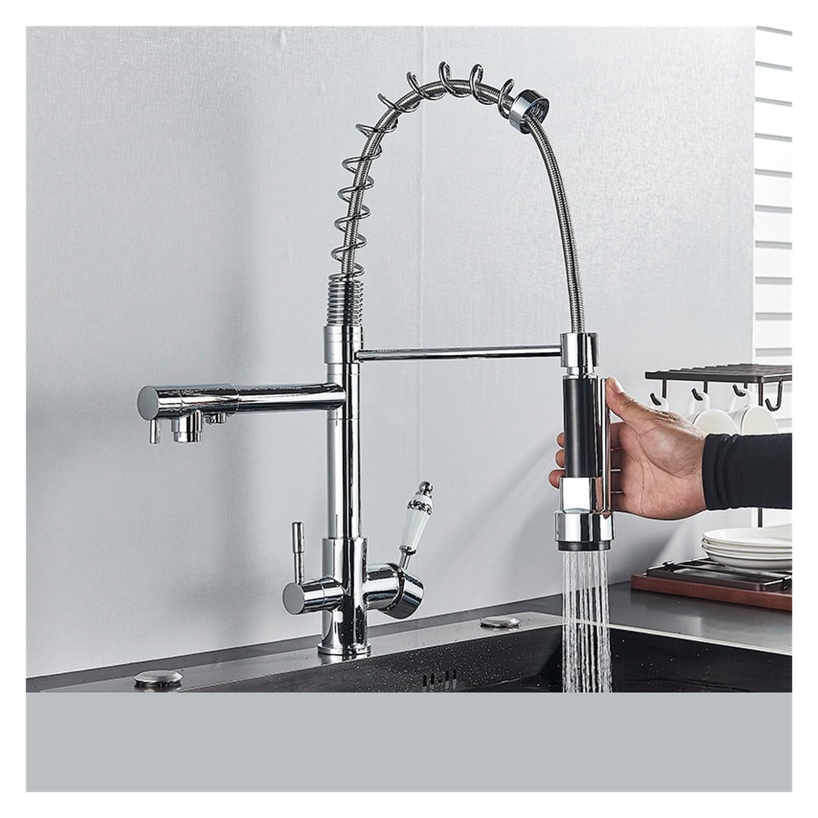 Robinet de cuisine trois voies mélangeur d'évier mural chrome filtre à eau