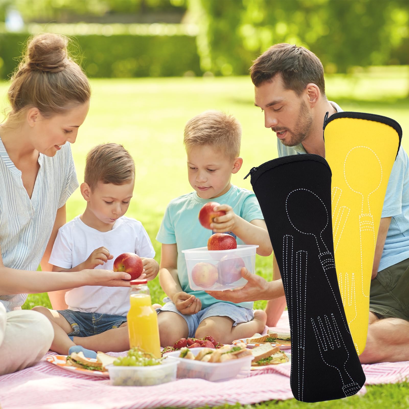 Borsa per Posate da Viaggio Portatile 20x6.5cm, Portaposate con Cerniera, Campeggio Picnic (Nero, Giallo)