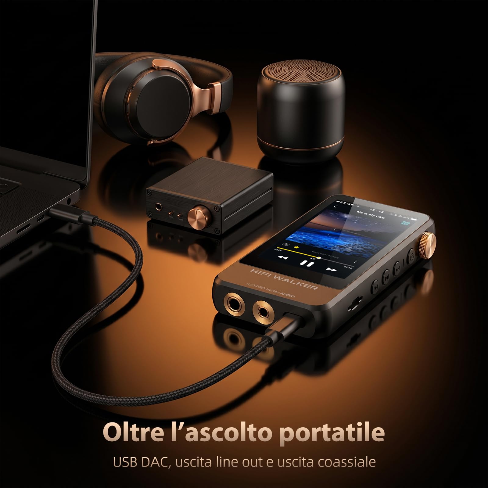 HIFI WALKER H20 Pro Lettore MP3 con Bluetooth, Audio Hi-Res e Scheda microSD da 64 GB, Doppio DAC ESS, Uscite 3,5 mm e Bilanciata 4,4 mm, USB DAC, FLAC/DSD