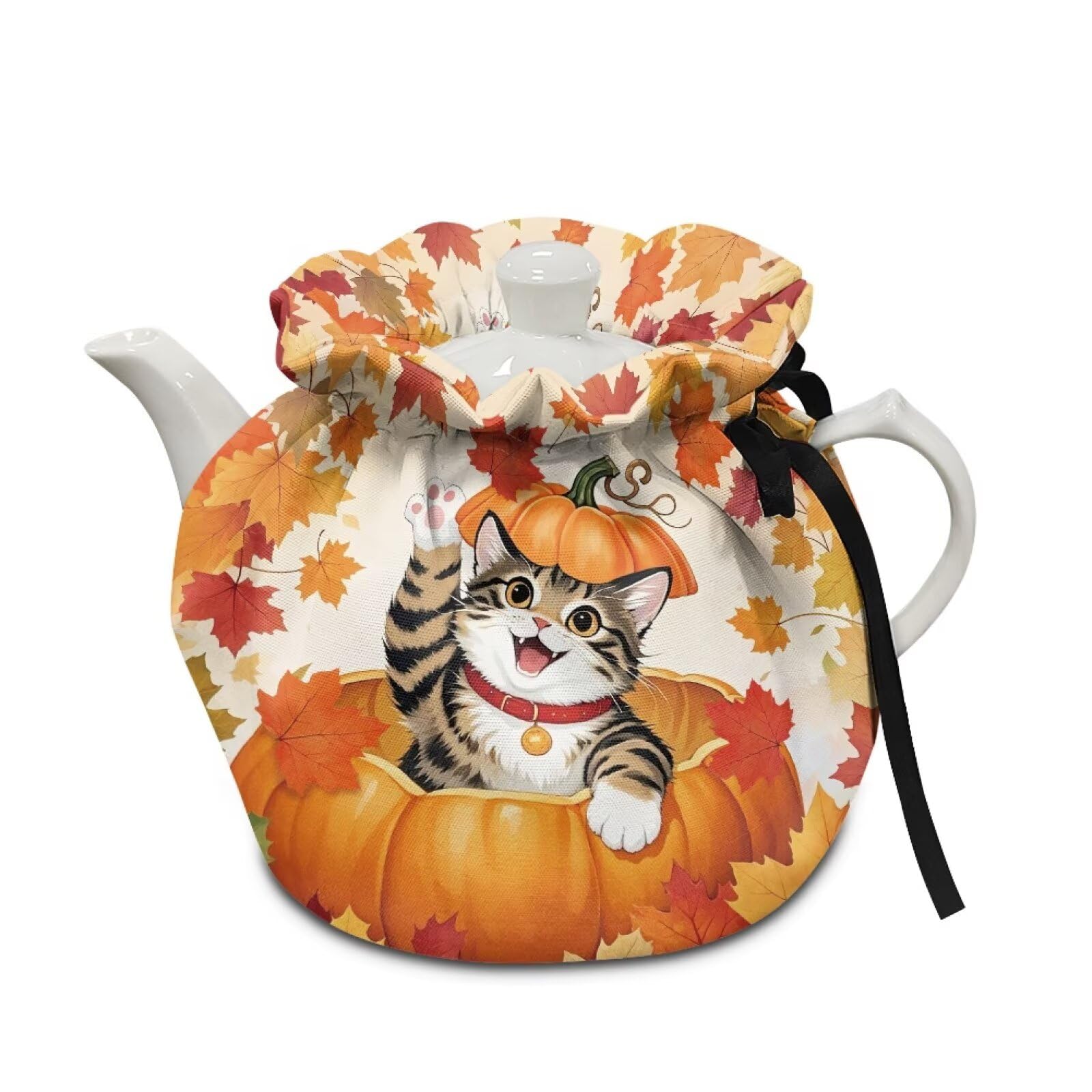 Autumn Pumpkin Cat Tea Pots Cosy Thanksgiving Cotton Breakfast Tea Pot Cover Kitchen Tea Pot Dust Cover with Elastic Band Durable Drawstring Kettle Covers Home Family Decorative Accessories
