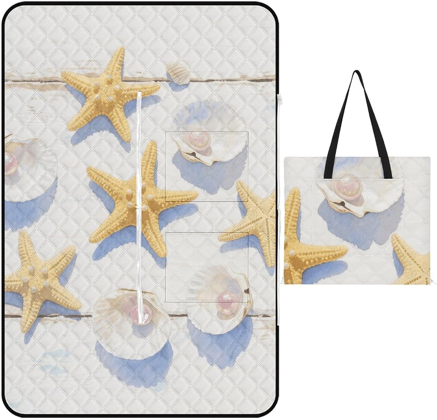 Summer Shell Picnic Blanket 150x100cm, Foldable 2-in-1 Picnic Mat and Tote Bag Portable Waterproof Beach Mat Sandproof Outdoor Blanket for Park, Hiking, Beach, Camping, Travel