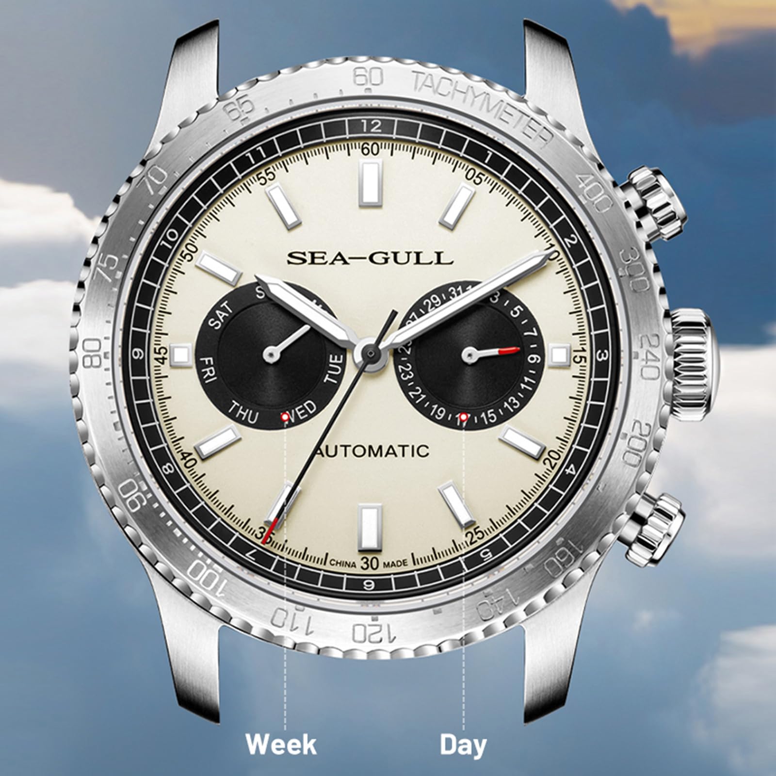 SEA-GULL Mechanische Herrenuhren, GMT Dual-Kalender, Panda-Auge, automatische Armbanduhr, Möwe ST2502, Tachymeter, leuchtend, 6177