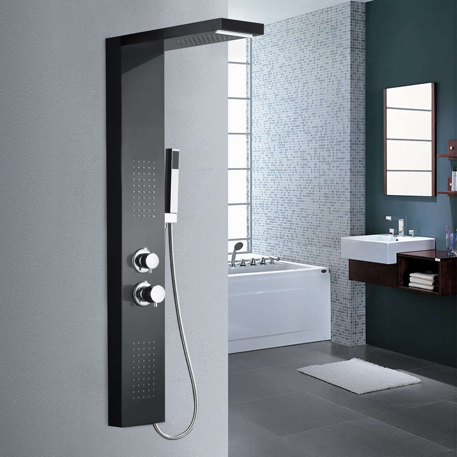 HENGMEI Panel prysznicowy system prysznicowy ze stali nierdzewnej szczotkowanej armatura prysznicowa zestaw prysznicowy z deszczownicą, prysznic z masażem, prysznic z wodospadem, słuchawka prysznicowa