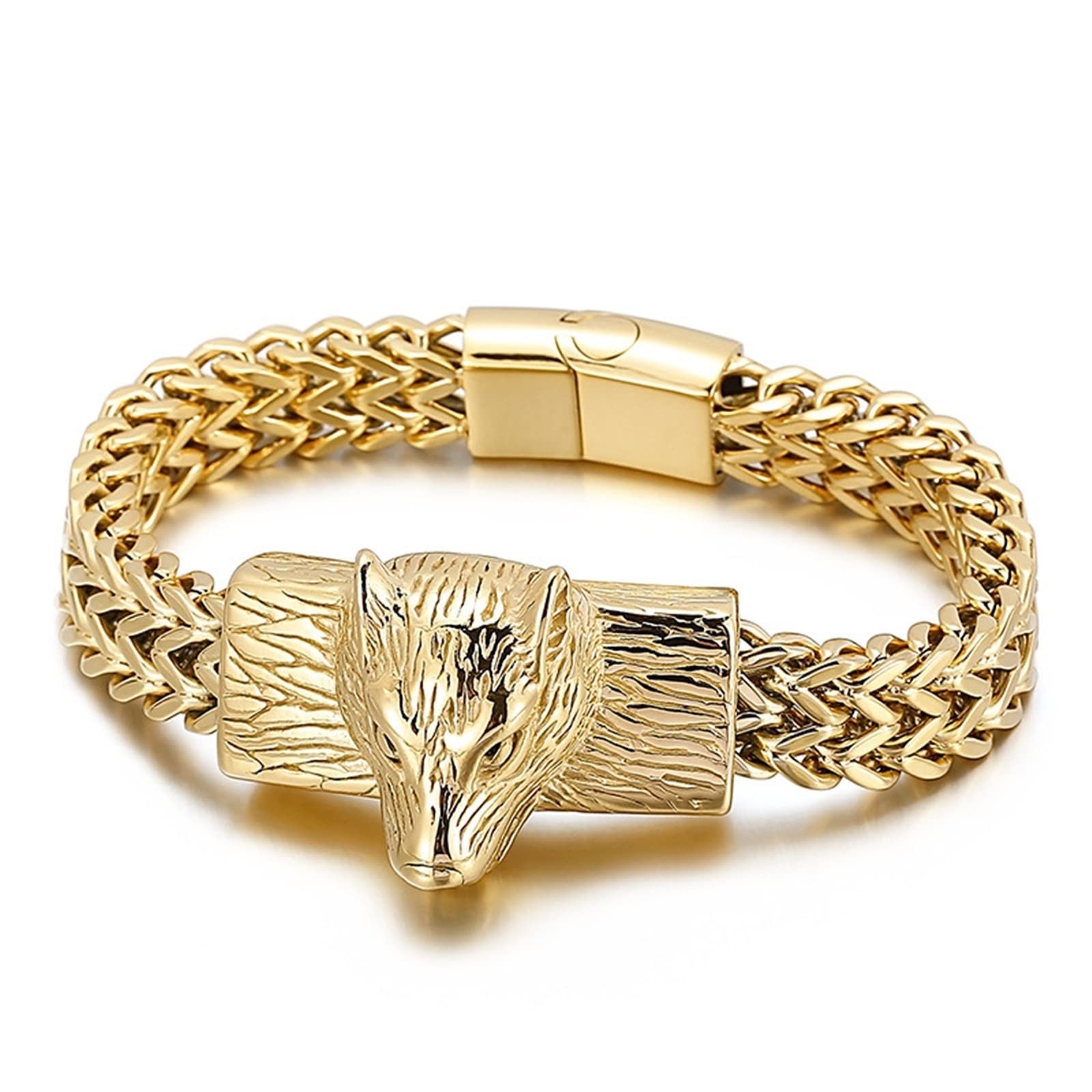 Beydodo Armband Edelstahl Schwarz Gold Silber 22CM, Armband Freundschaft Herren Weizen Armband Breit 12MM mit Wolf Schwarz Gold Silber Armband Charms Partnerarmband für Männer Jugend