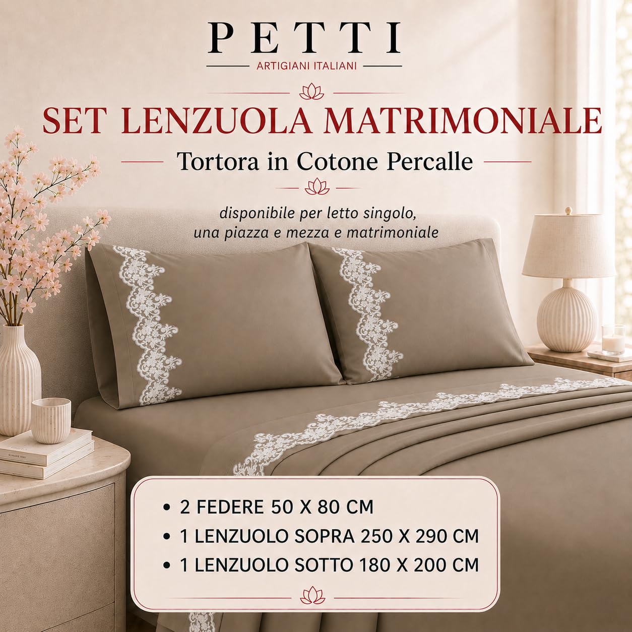 PETTI Artigiani Italiani - Pościel dwuosobowa z koronką, bawełna perkalowa, komplet pościeli dwuosobowej, jasnoniebieska koronka, 100% wyprodukowano we Włoszech