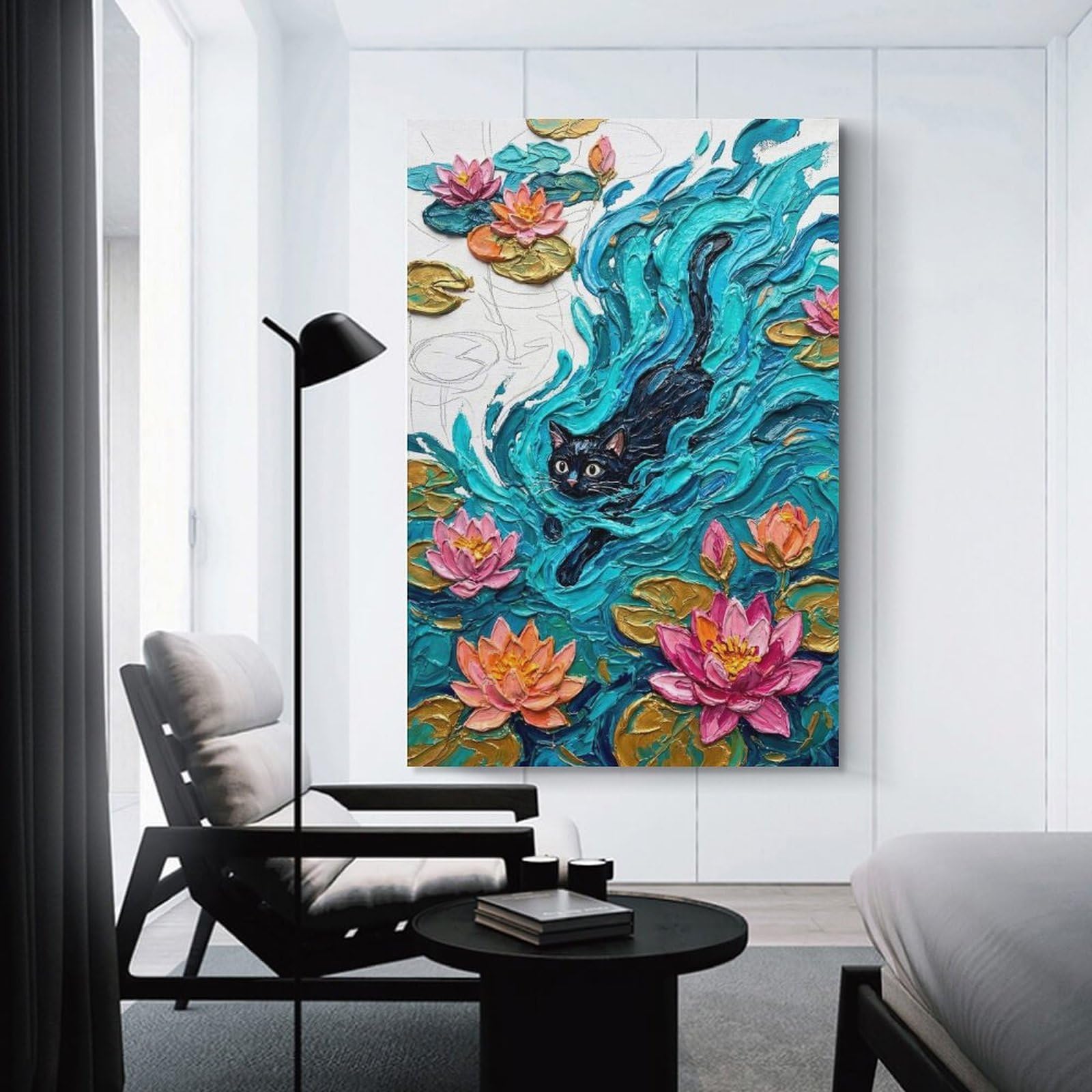 Junmoney Unframe-Style-4-1 Black Cat In Lily Pond Painting Wall Art Print, 24X36inch(60X90cm), For Office, Study Or Home Workspace, Decorative Artwork For Productive Spaces