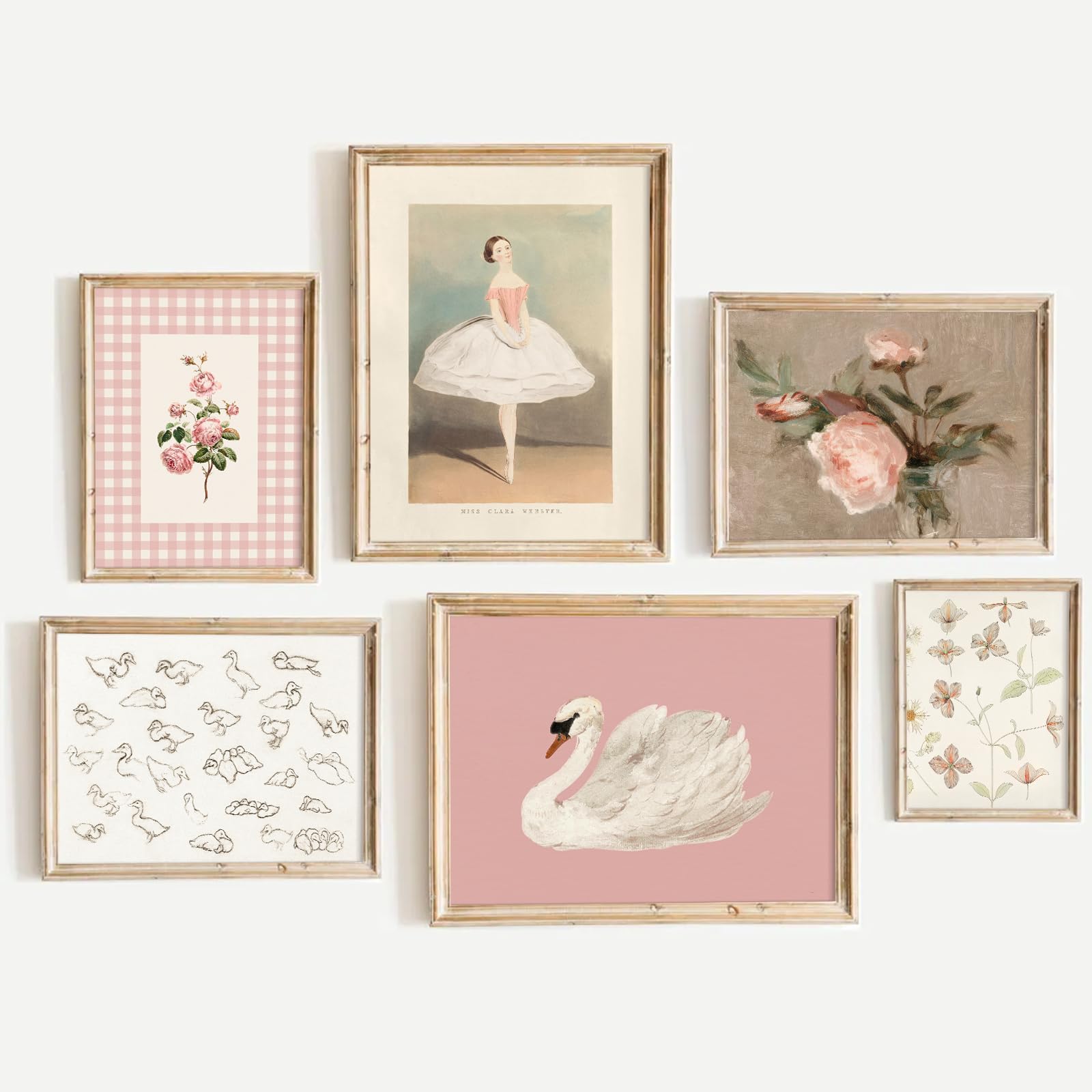 Nursery Pink Wall Art Decor Baby Girl Canvas Wall Art Vintage Floral Prints Kids Room Wall Decor Preppy Flower Poster Antique Pink Pictures Swans