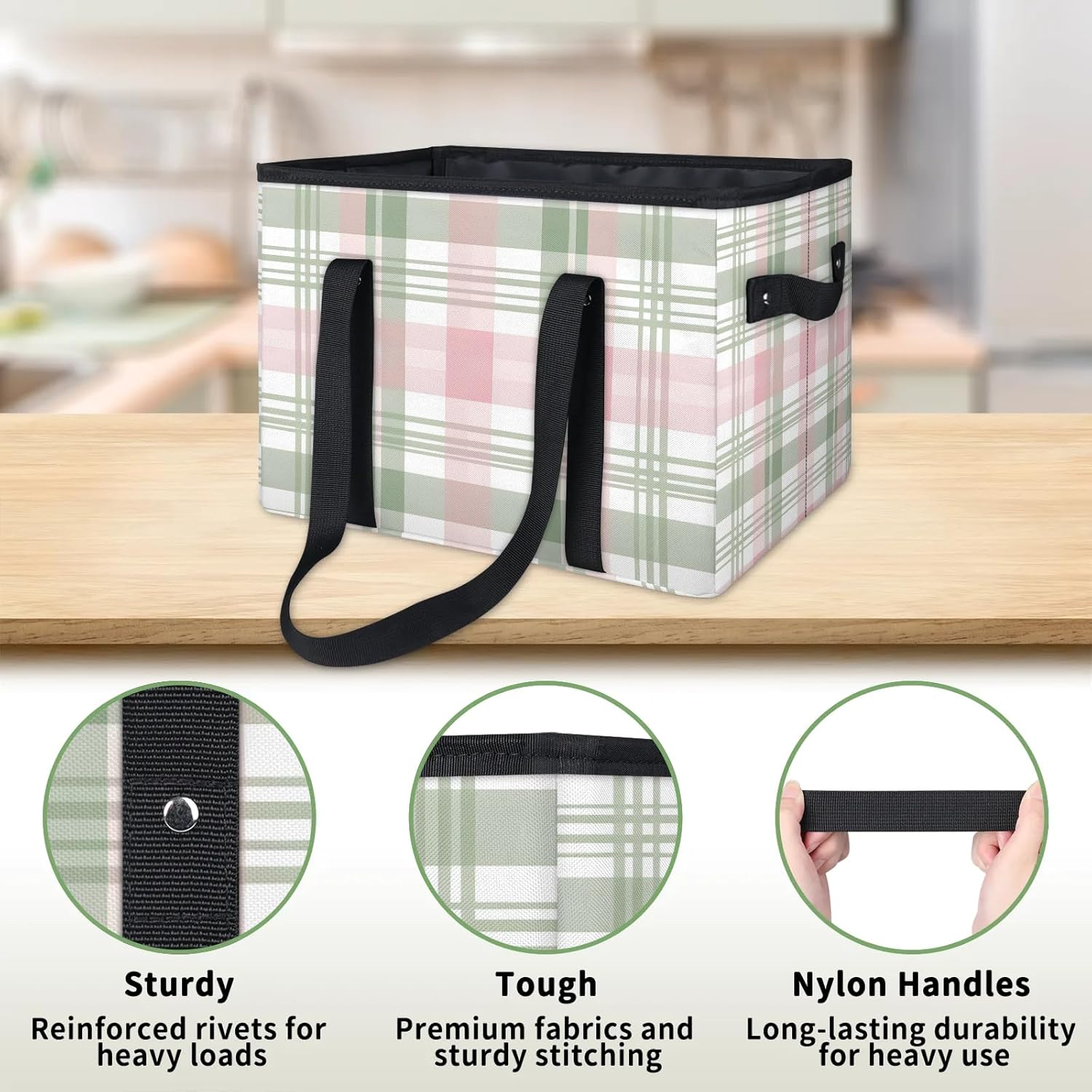 Fashionable Plaid Reusable Grocery Bags Foldable Shopping Bags Storage Bins Basket Large Grocery Tote Bag Foldable Shopping Bag with Reinforced Bottom & Handles for Clothes Shoes Picnic, 3pcs