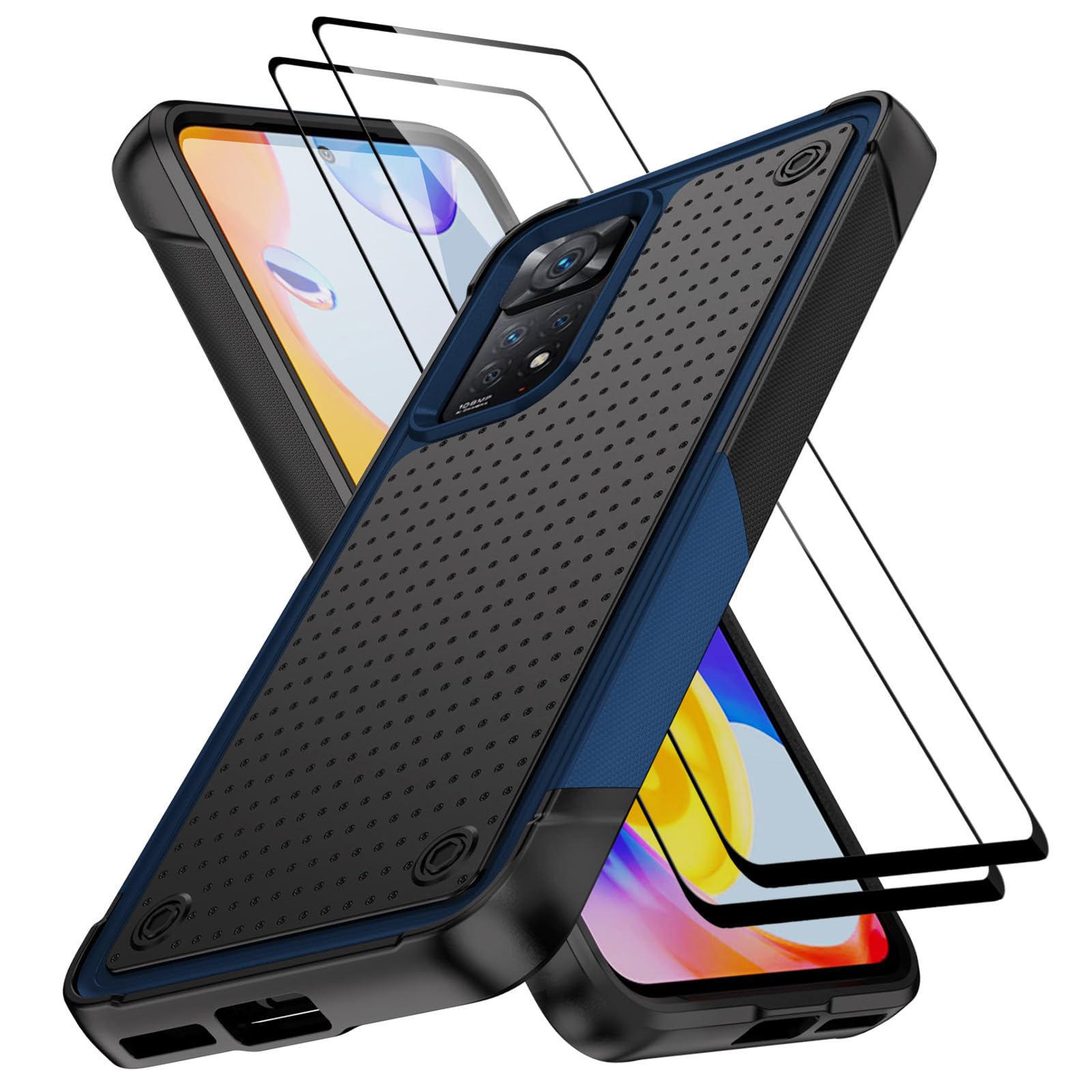 for Redmi Note 11 Pro 4G/Redmi Note 11 Pro 5G Case, with 2 Glass Screen Protector, Anti Scratch Hard PC Back & Soft TPU Rubber Bumper Shockproof Phone Case for Xiaomi Redmi Note 11 Pro 4G/5G, Blue