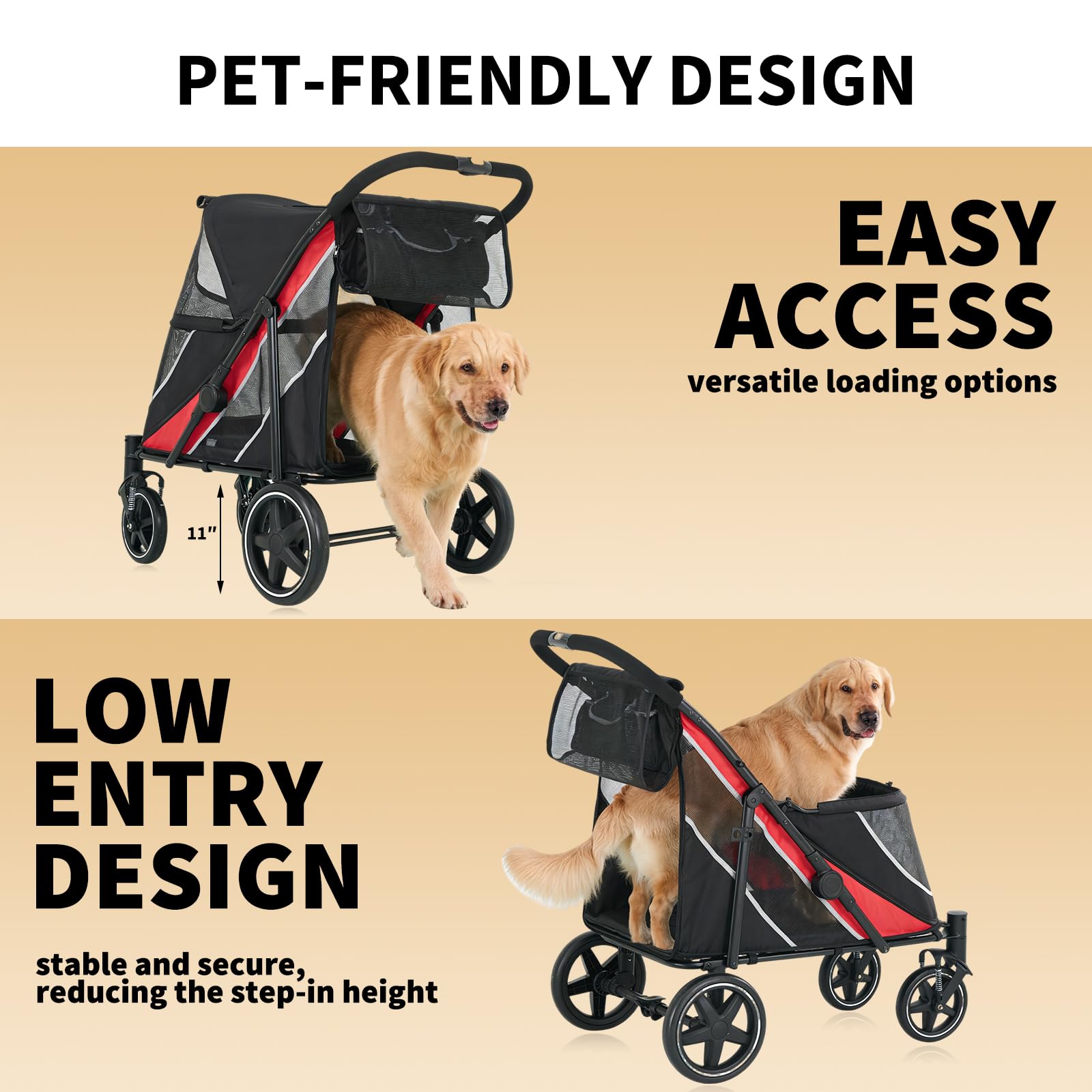 Garvee Poussette Chien Senior, Double Entrée, Tout Terrain, Noir Rouge