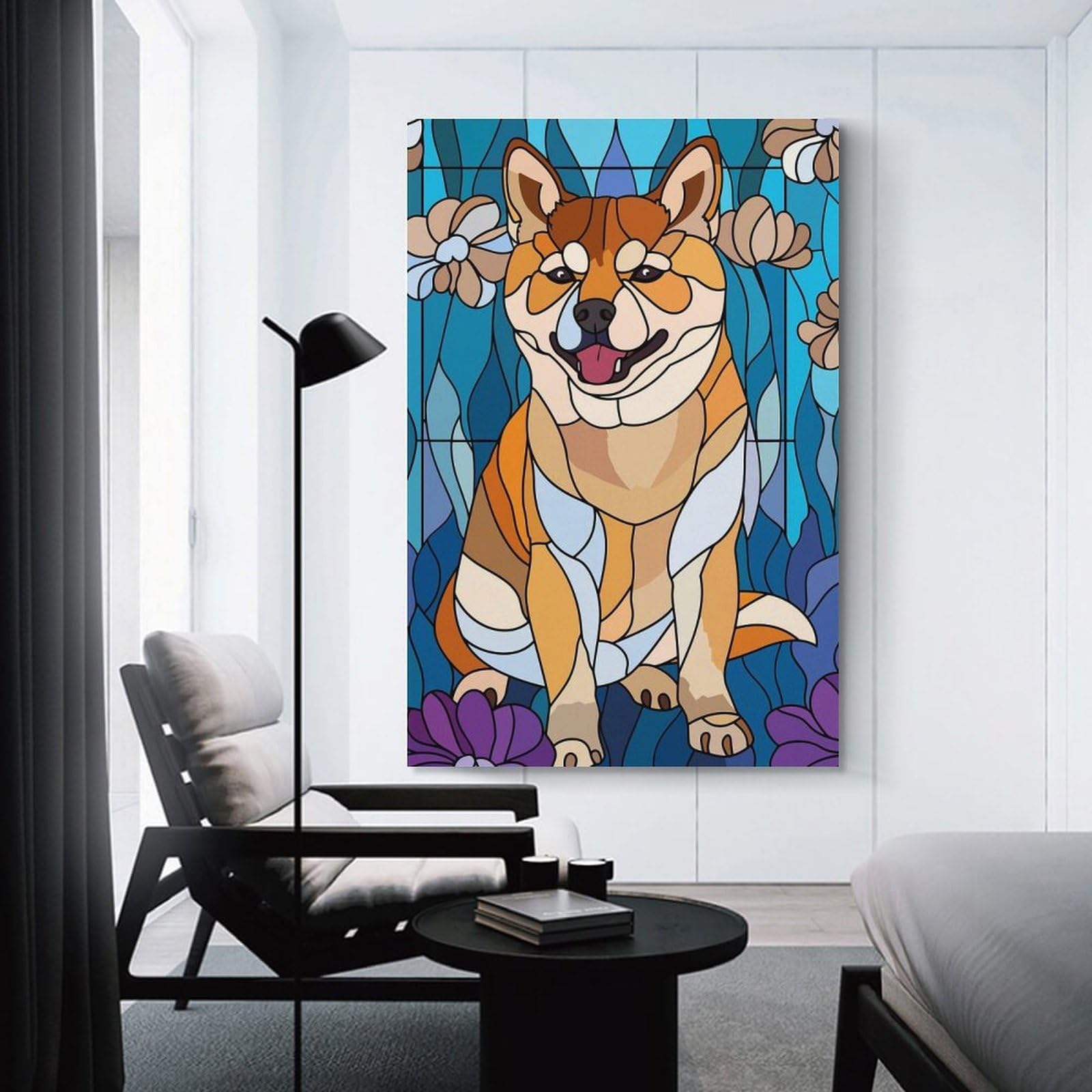 Junmoney Wall Art Print Stained Glass Shiba Inu Dog, 24x36inch(60x90cm), for Living Room, Bedroom Or Apartment Walls, Modern Wall Decor for Cosy Interiors