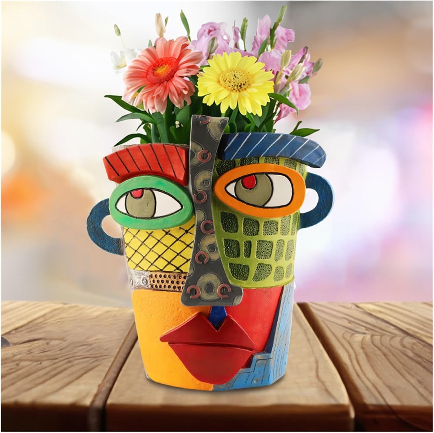 Picasso Abstract Beauty Flower Pot Ornaments - Outdoor Balcony Green Plant Potted Plant Container Colorful Art Resin Flower Pot Human Face Head Shape