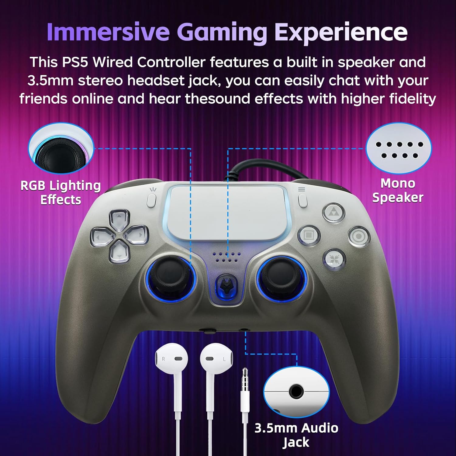 DOYO Wired Controller for PlayStation 5, PS5, PC, PS4, USB Gamepad Joystick for Windows 7/8/10, Laptop, Steam - Dual Vibration, Turbo, Hall Effect Trigger, 6 Axis Gyro Sensor, 3.5mm Audio Jack