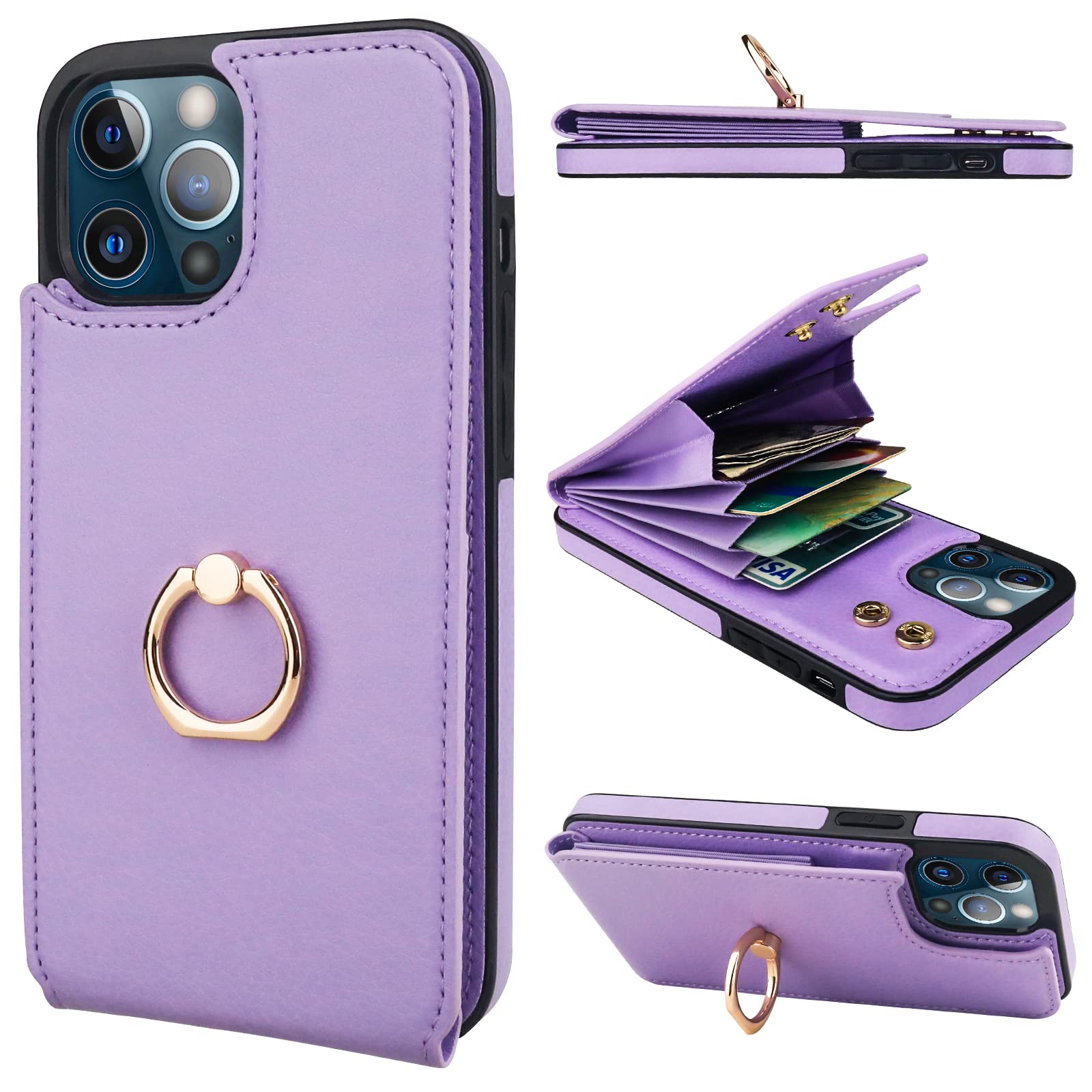 Folosu Compatible with iPhone 12 Pro Max Case Wallet with Card Holder, 360°Rotation Finger Ring Holder Kickstand Protective RFID Blocking PU Leather